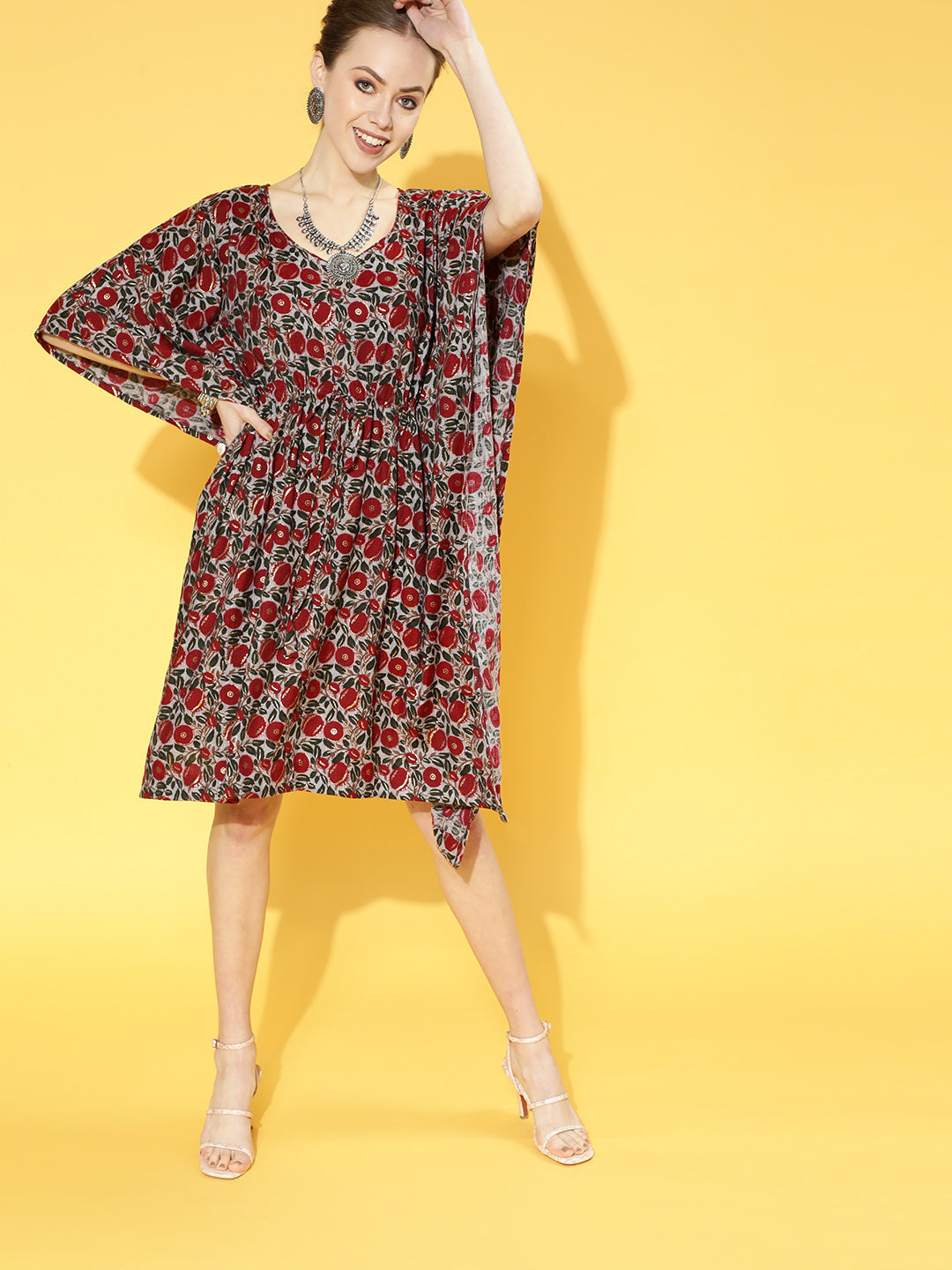 InWeave Women's Maroon Floral Jaal Print Kaftan Dress