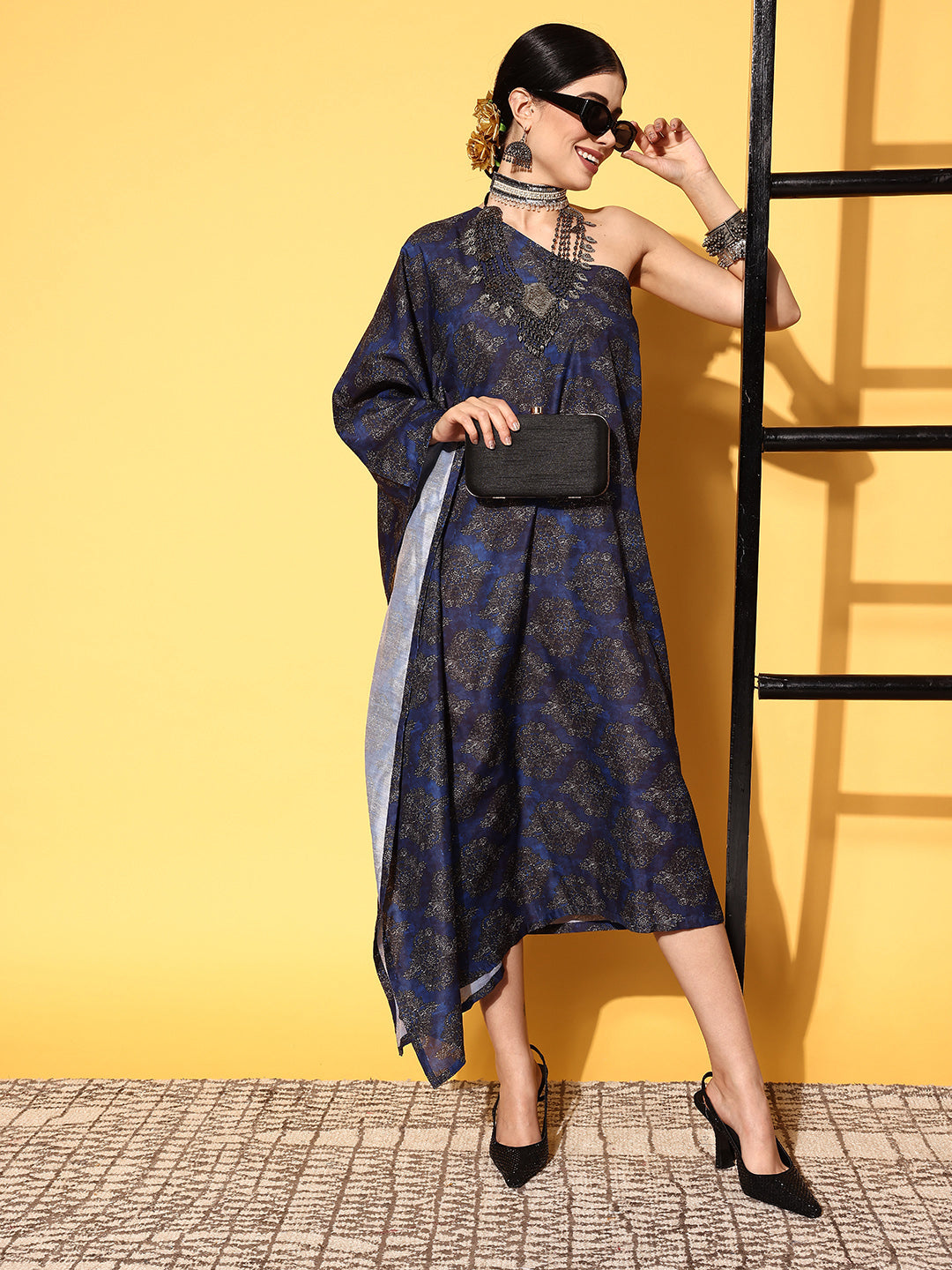 InWeave Women's Indigo Boota Print One Shoulder Kaftan Dress