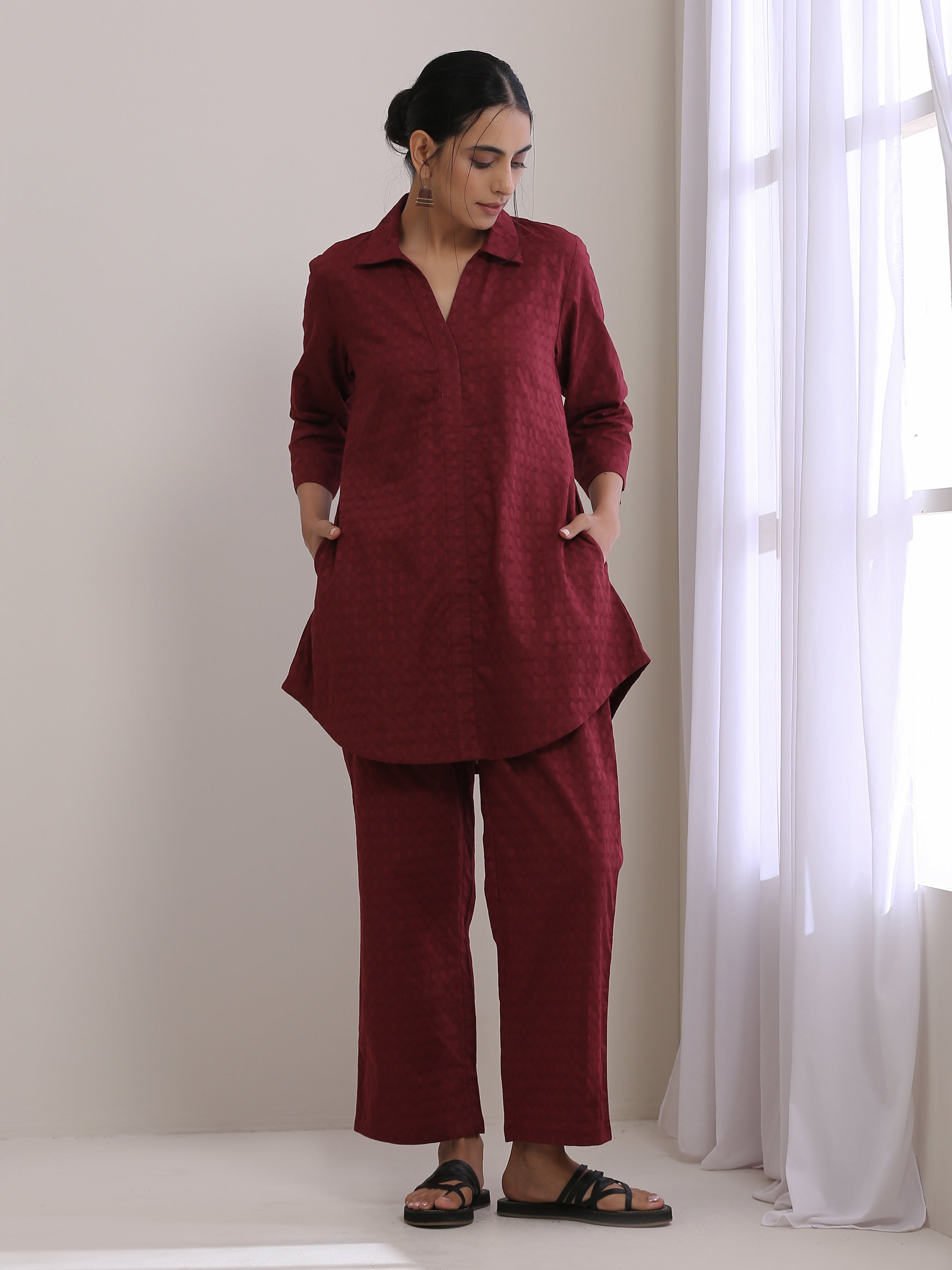 trueBrowns Ruby Wine Dobby Collar Short Co-Ord Set