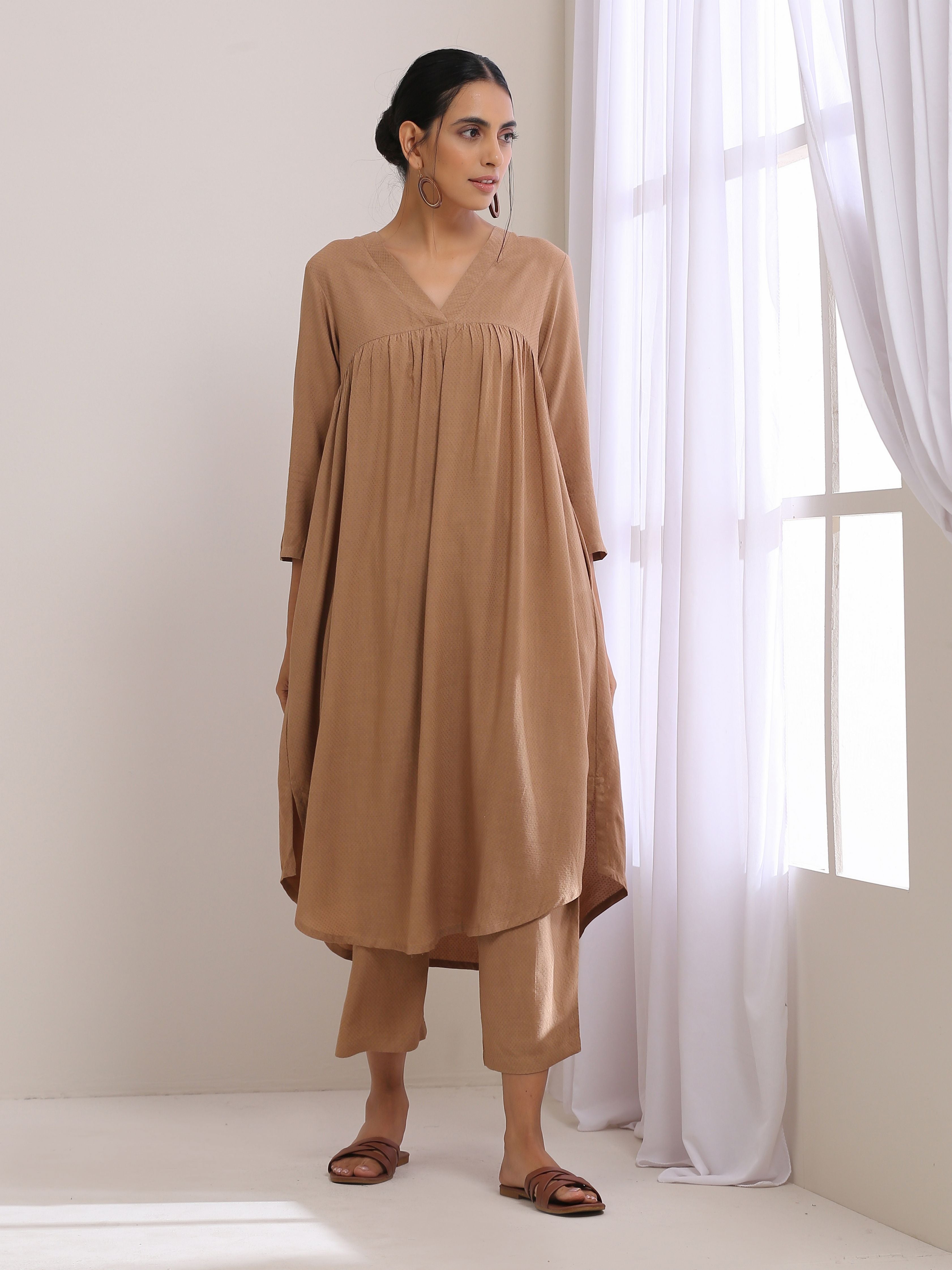 trueBrowns Beige Dobby Gathered Kurta Pant Set
