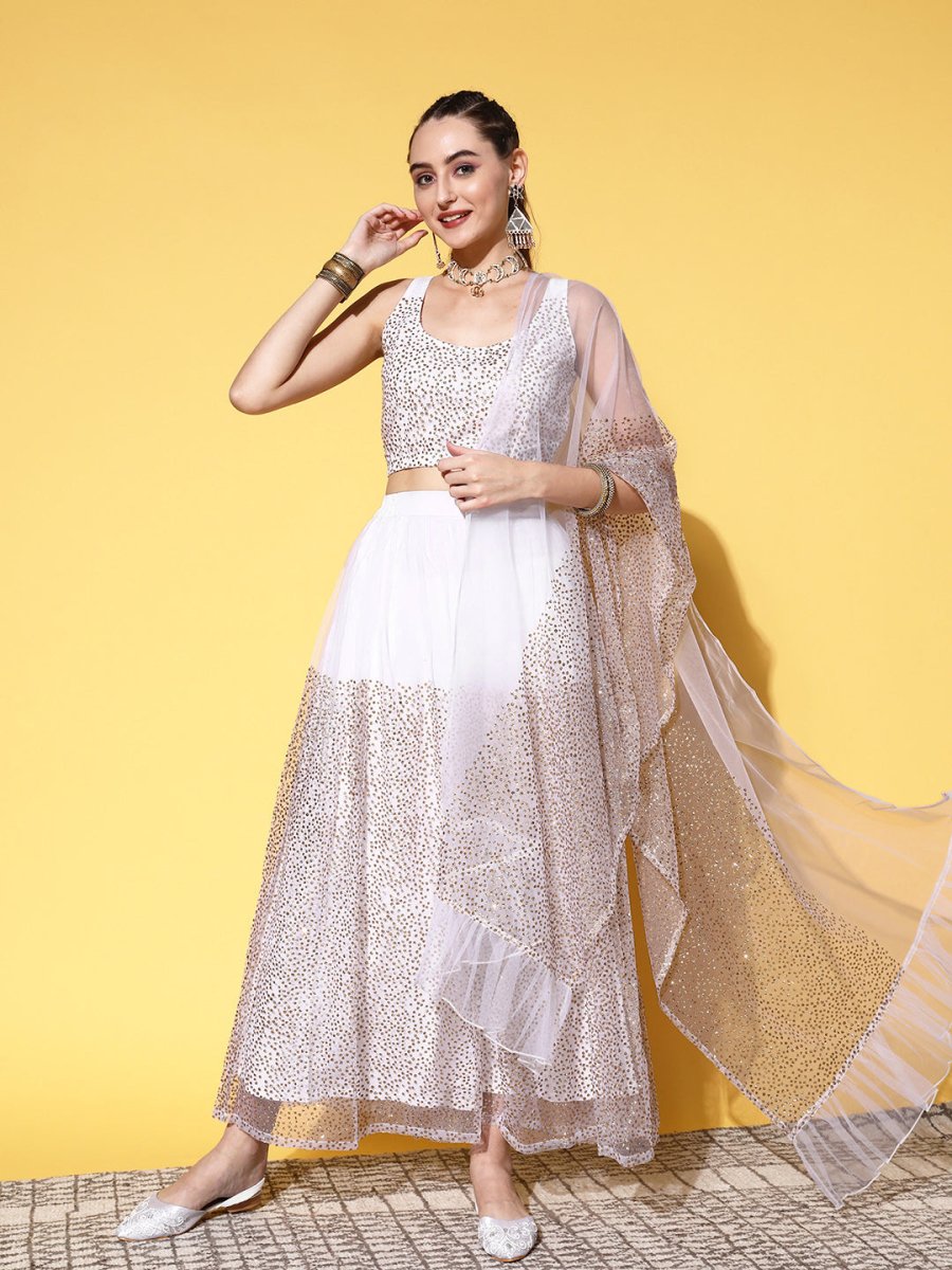 Ahalyaa White & Gold-Toned Printed Ready to Wear Lehenga & Blouse With Dupatta