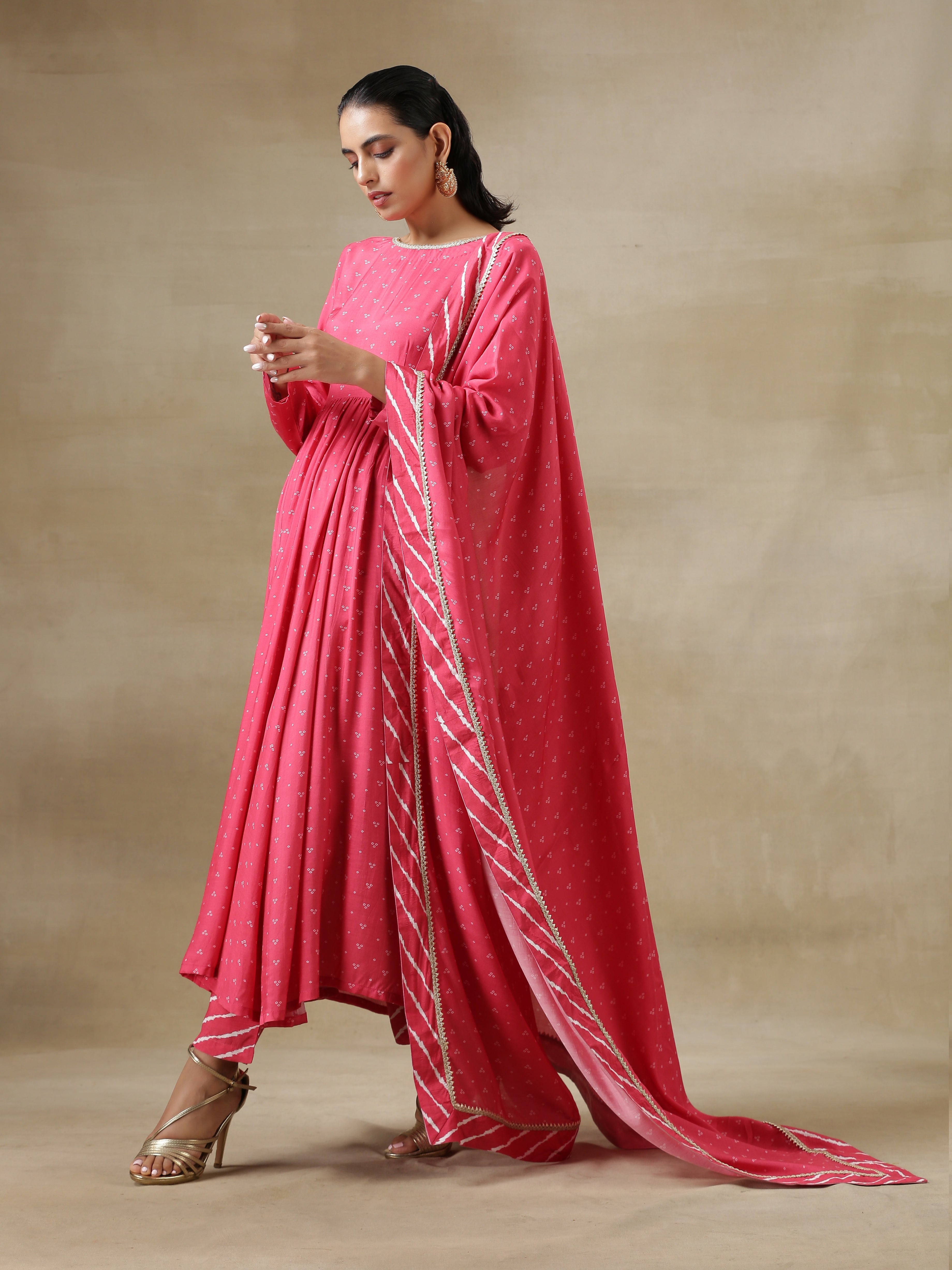 trueBrowns Pink Bandhani Printed Silk Anarkali Kurta Pant Dupatta Set