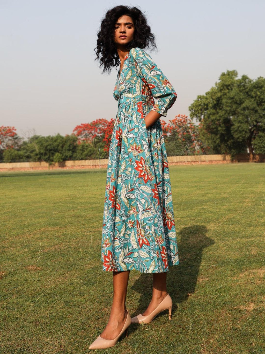 trueBrowns Teal Cotton Block Print Wrap Dress