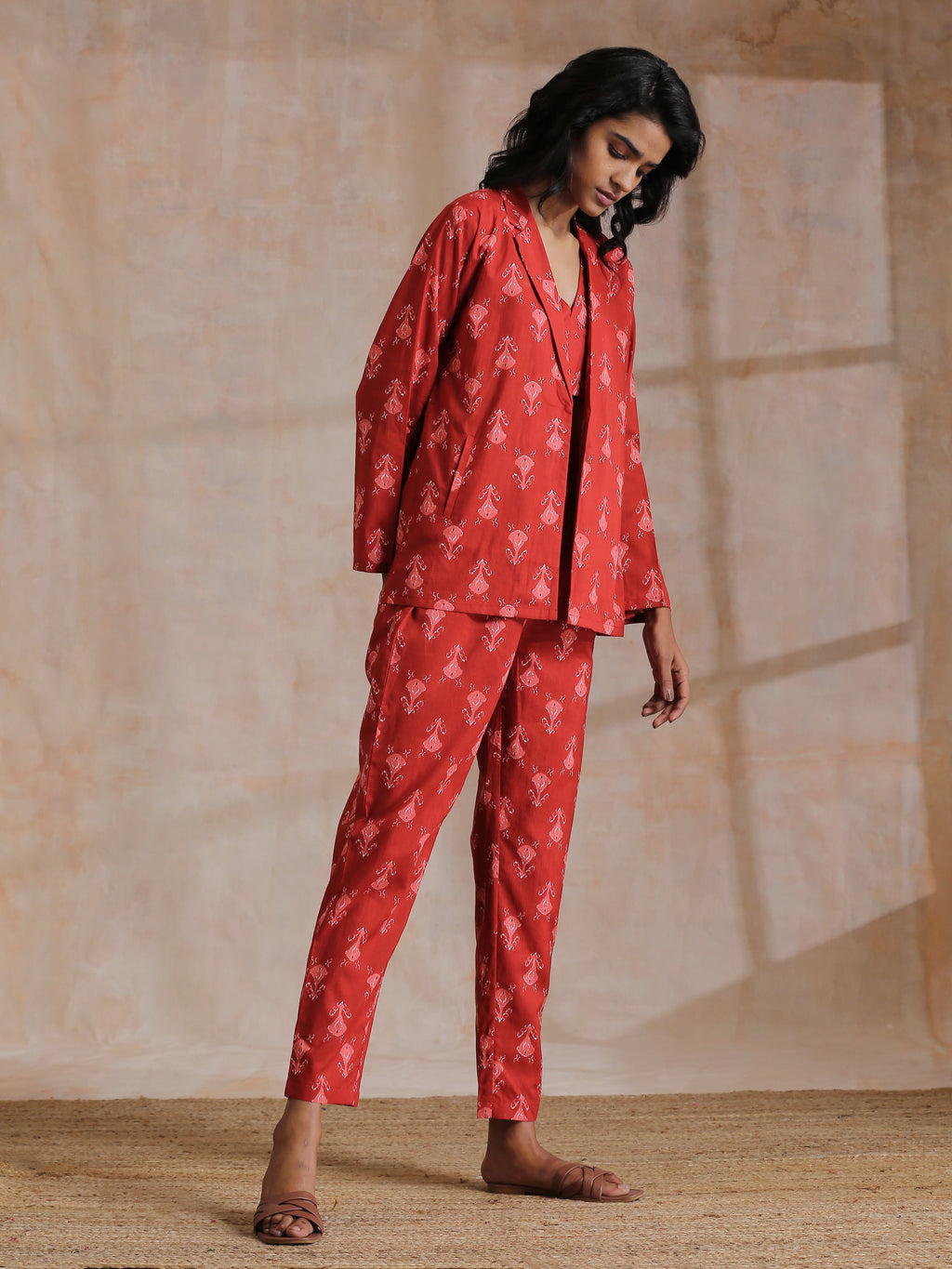 trueBrowns Red On Red Ikat Print Cotton Pant Suit Set