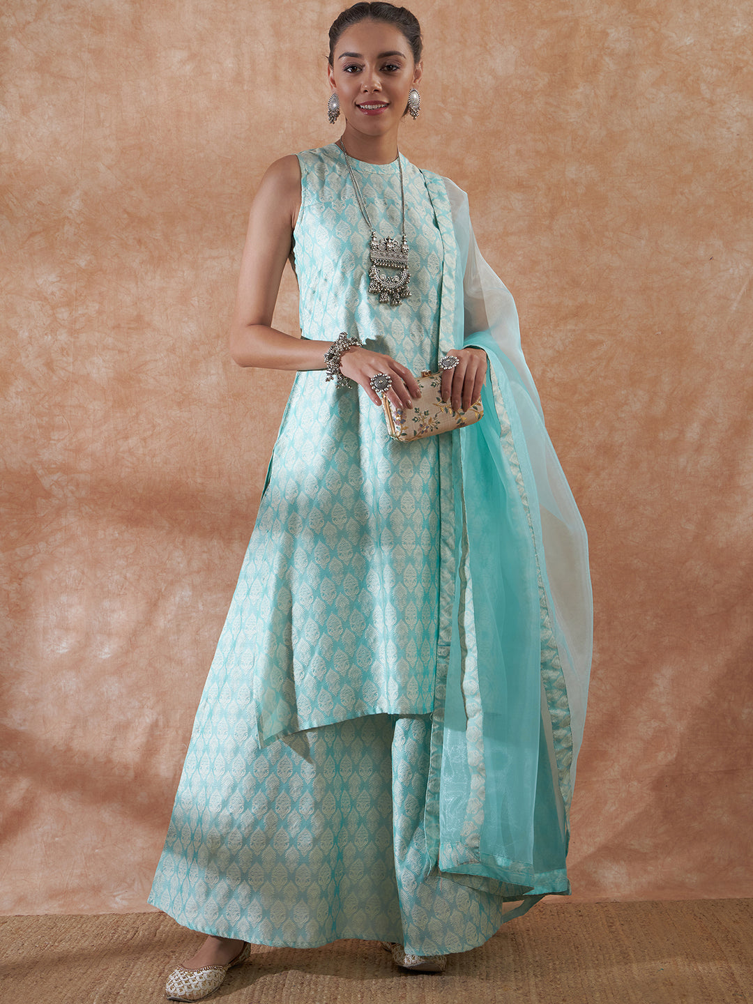 InWeave Women's Powder Blue Jacquard Halter Kurta Set W Powder Blue Or Dupatta