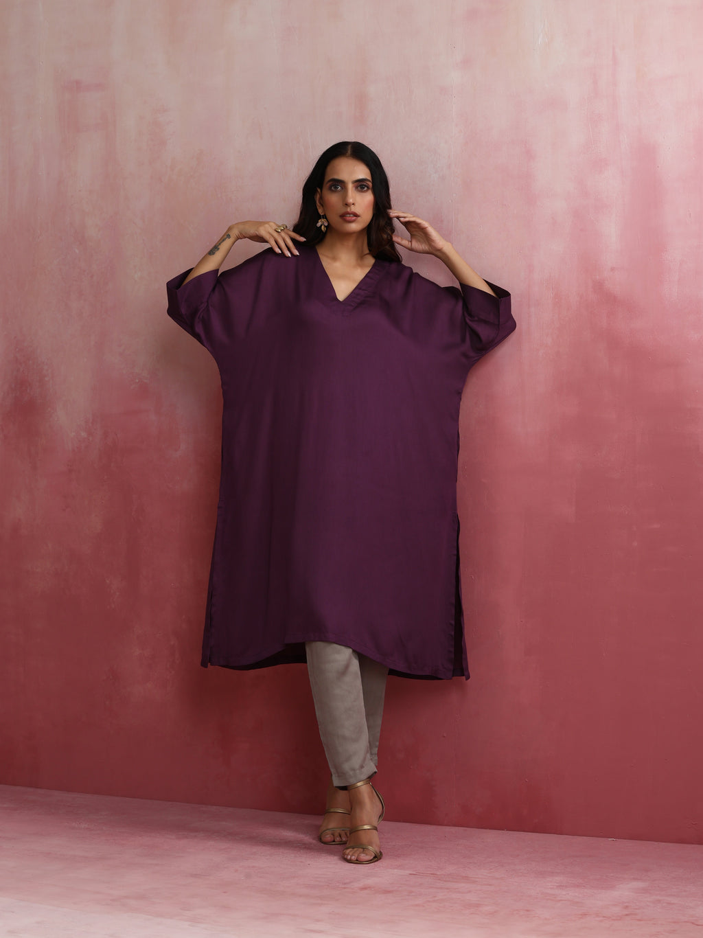 trueBrowns Purple Modal Kimono Kurta Set