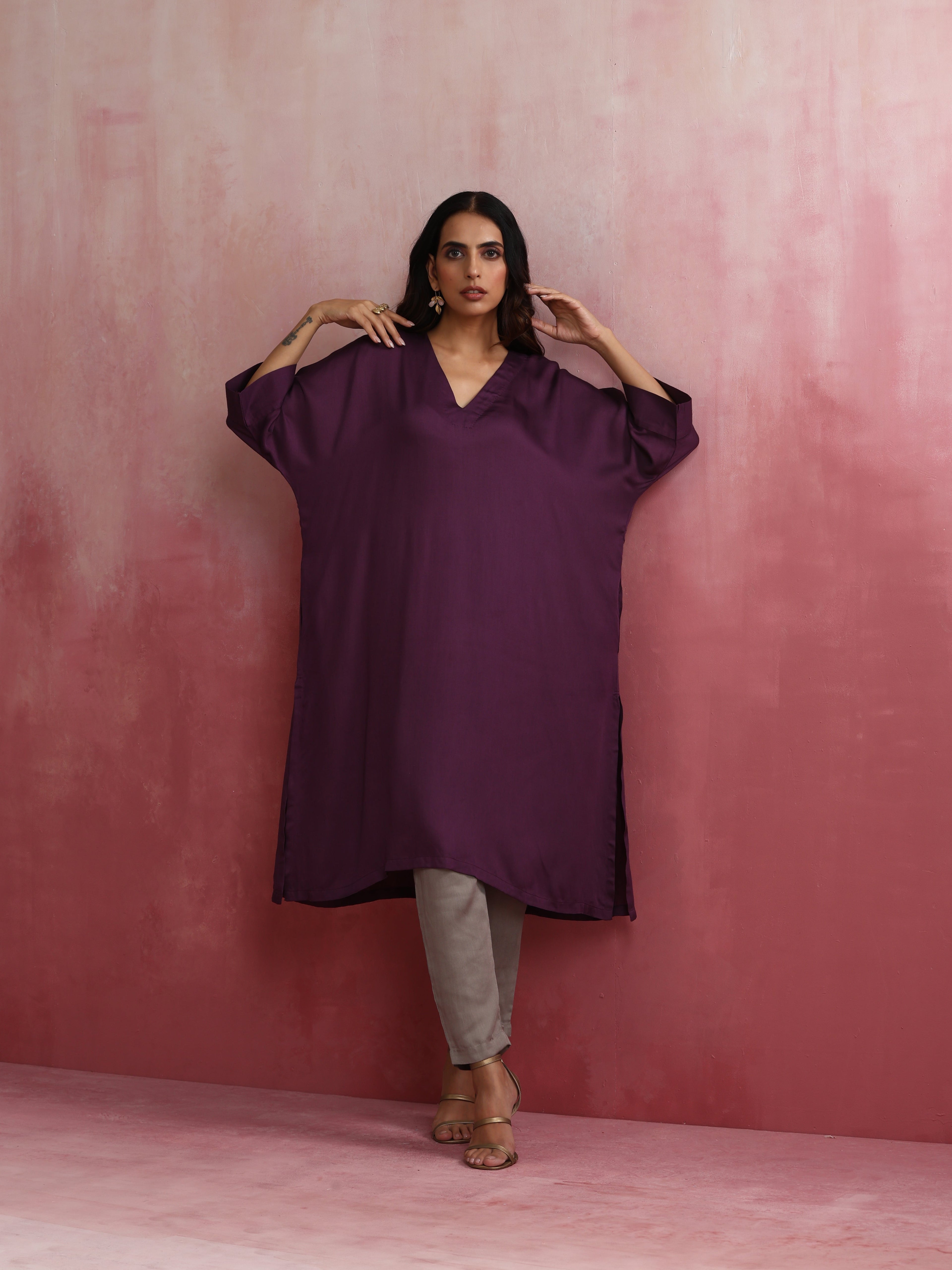 trueBrowns Purple Modal Kimono Kurta Set