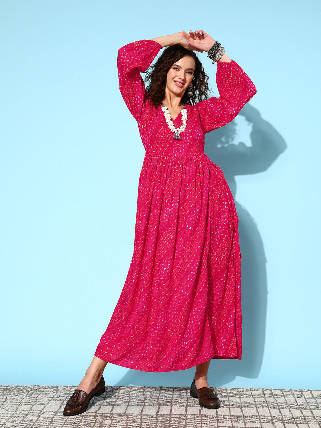InWeave Women's Maroon Ethnic Print Wrapped Long Dress