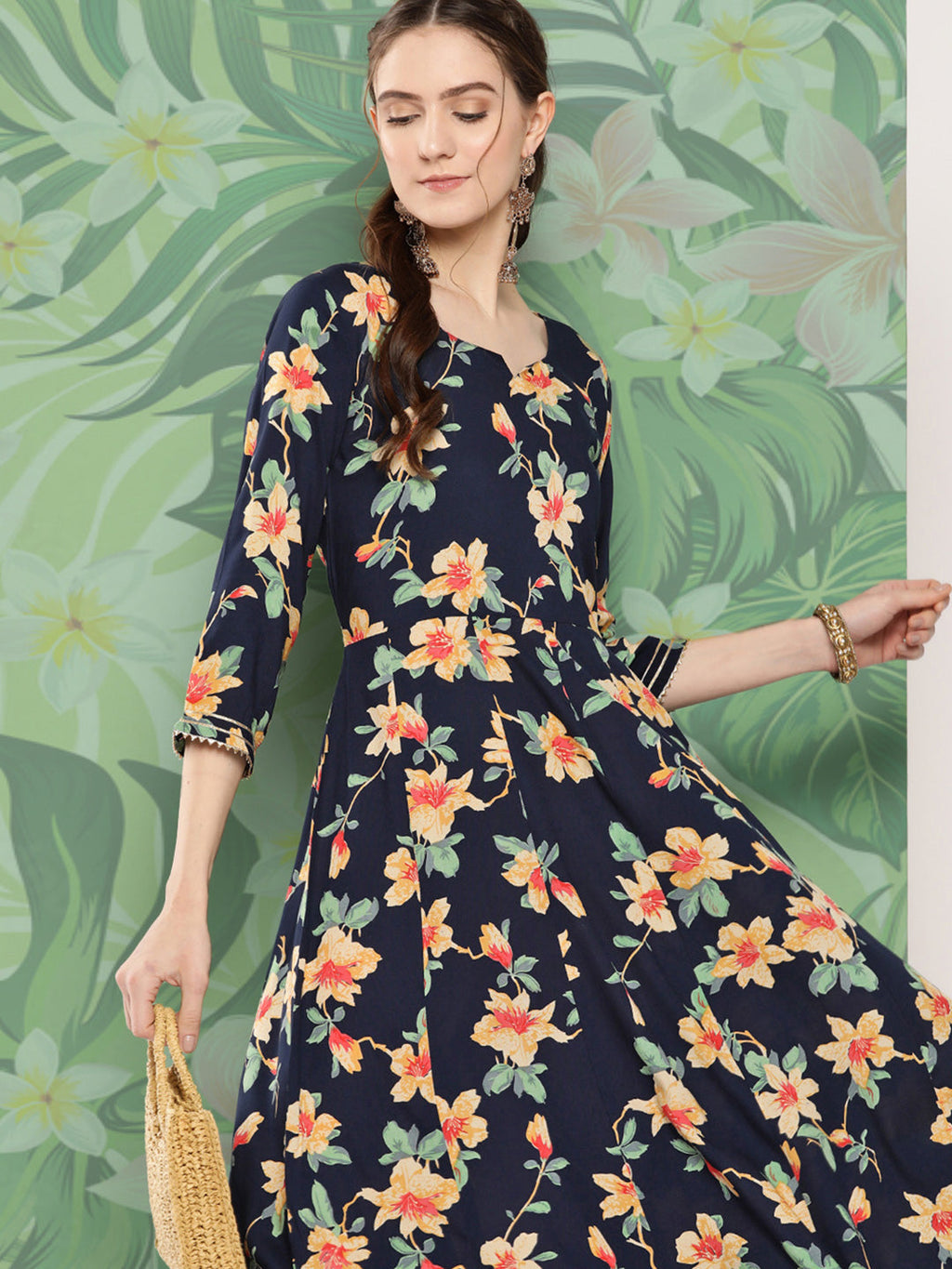 InWeave Women's Black Tropical Print Gota Long Dress