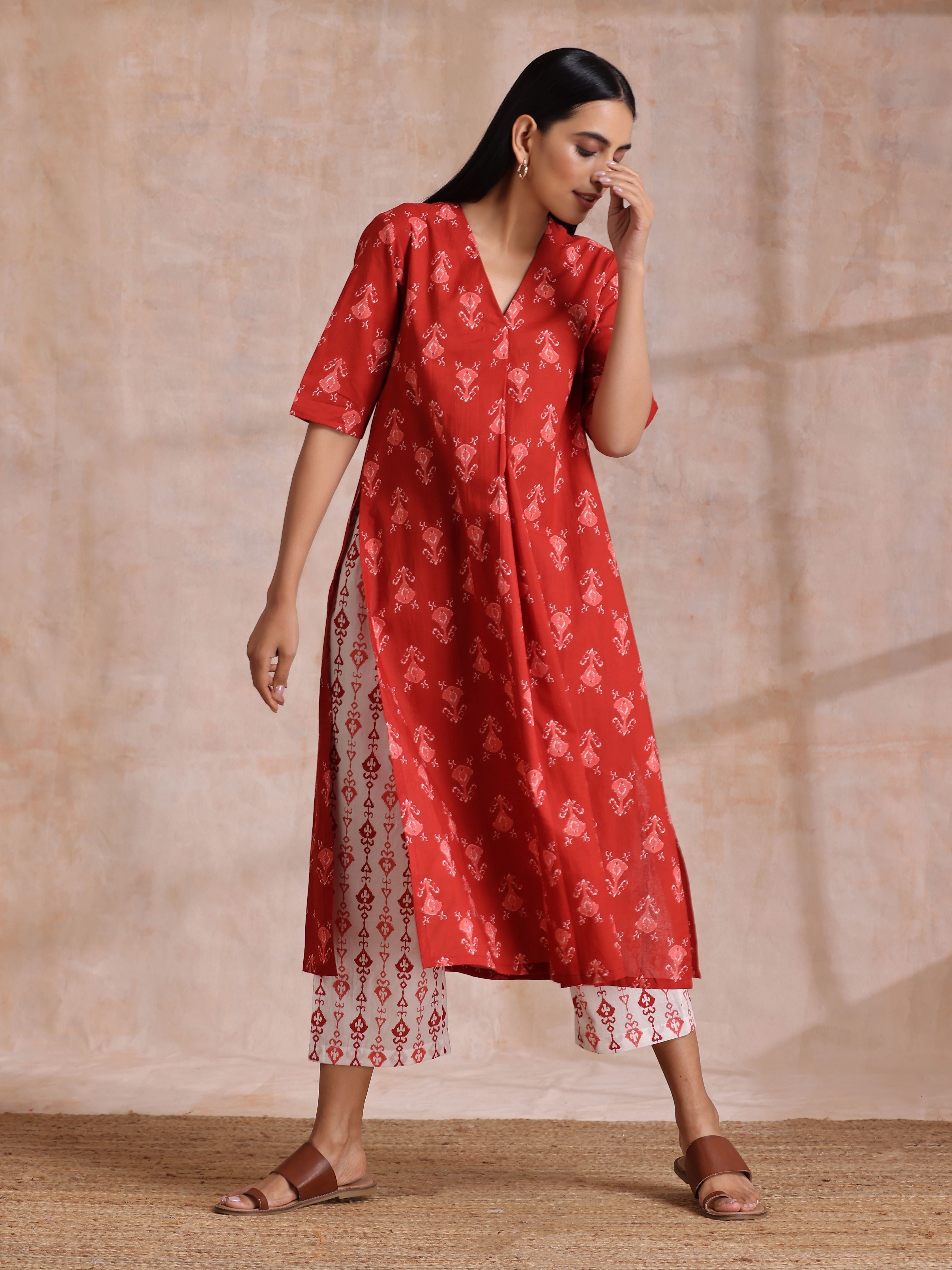 trueBrowns Red On Red Ikat Print Cotton Kurta Pant Set