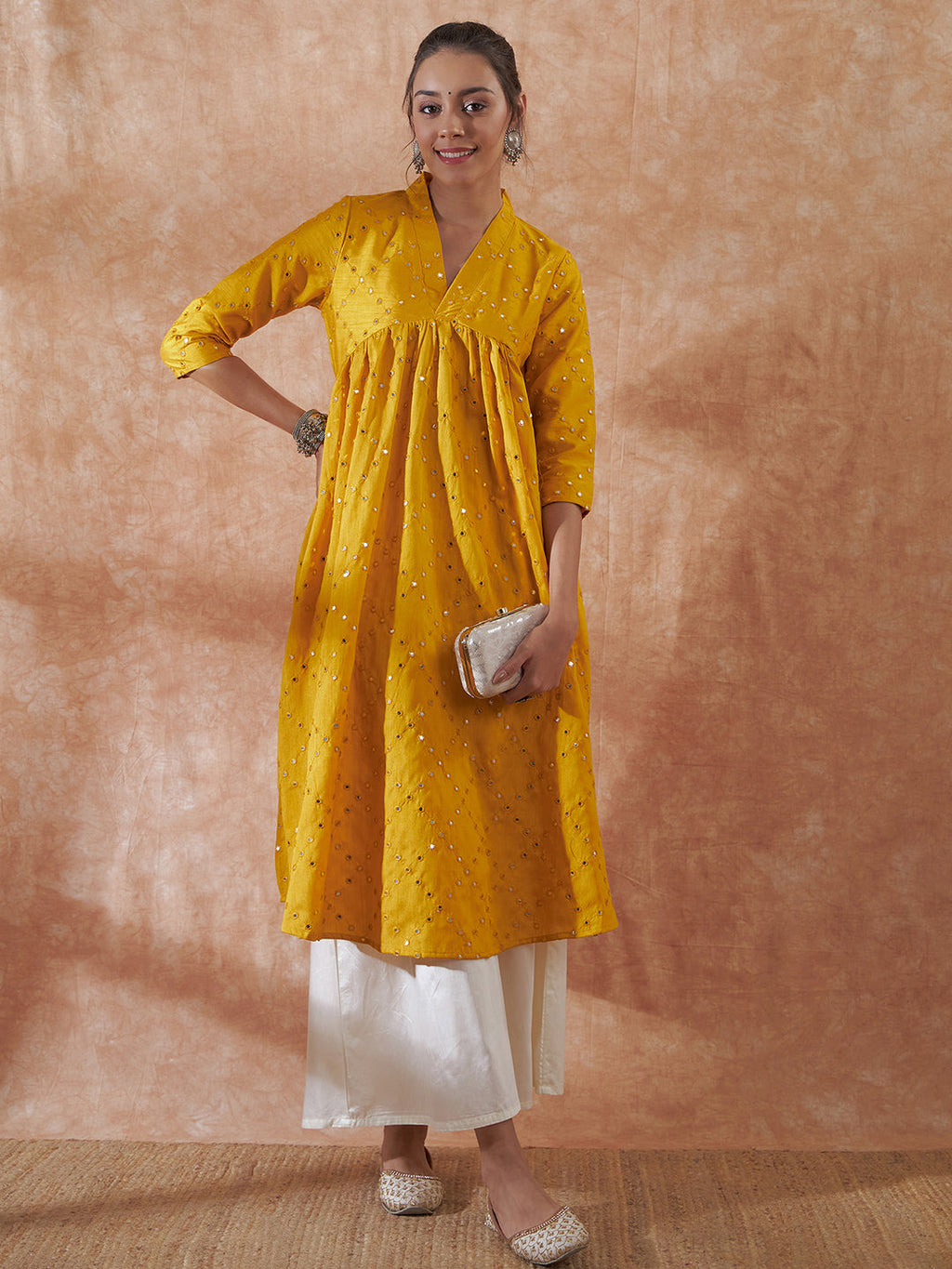 InWeave Women's Mustard Mirror Work Flared Kurta