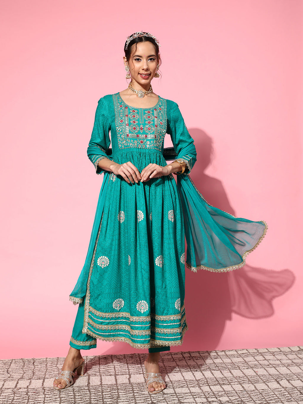 InWeave Women's Teal Nyra Cut Embroidered Kurta Set With Dupatta