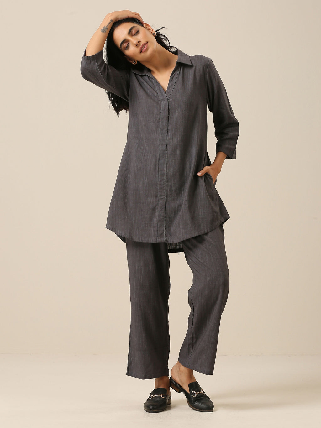 trueBrowns Slate Grey Slub Texture Collar Short Co-Ord Set