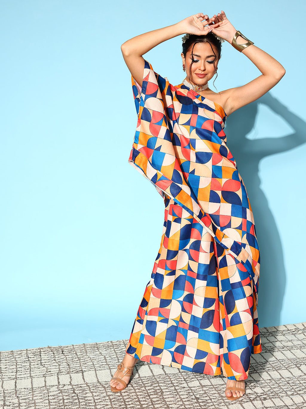 InWeave Women's Multi Geometric Print One Shoulder Top With Palazzo Set