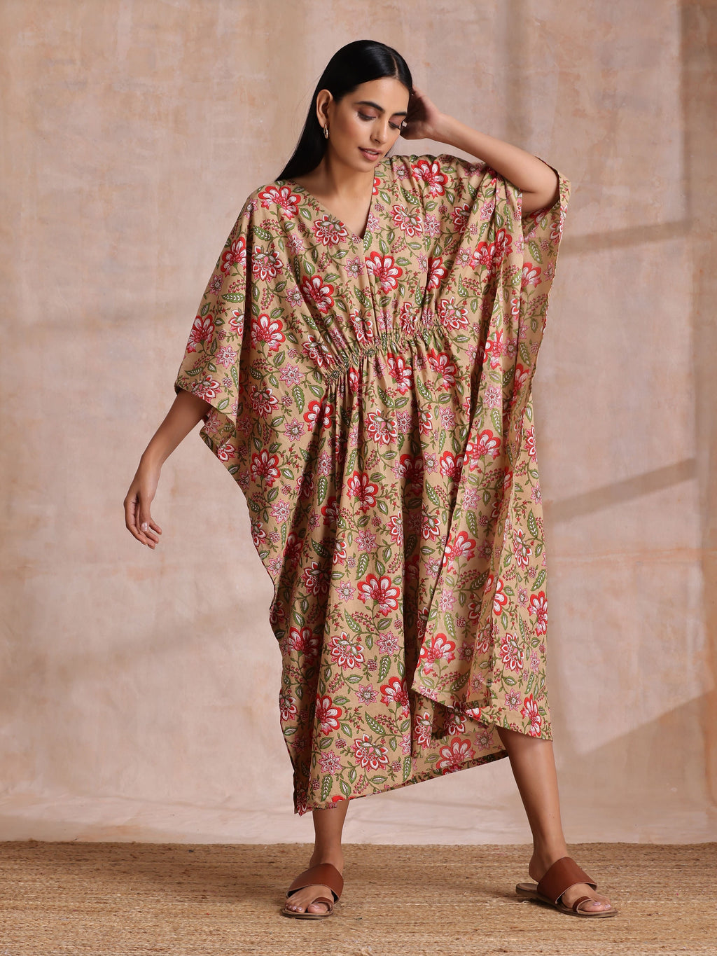 trueBrowns Beige Overall Big Floral Block Print Cotton Kaftan Dress