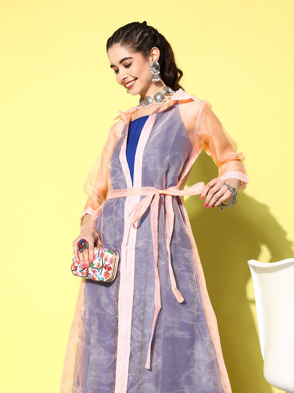 InWeave Women's Ink Blue Strappy Kurta Set With Peach Organza Cape