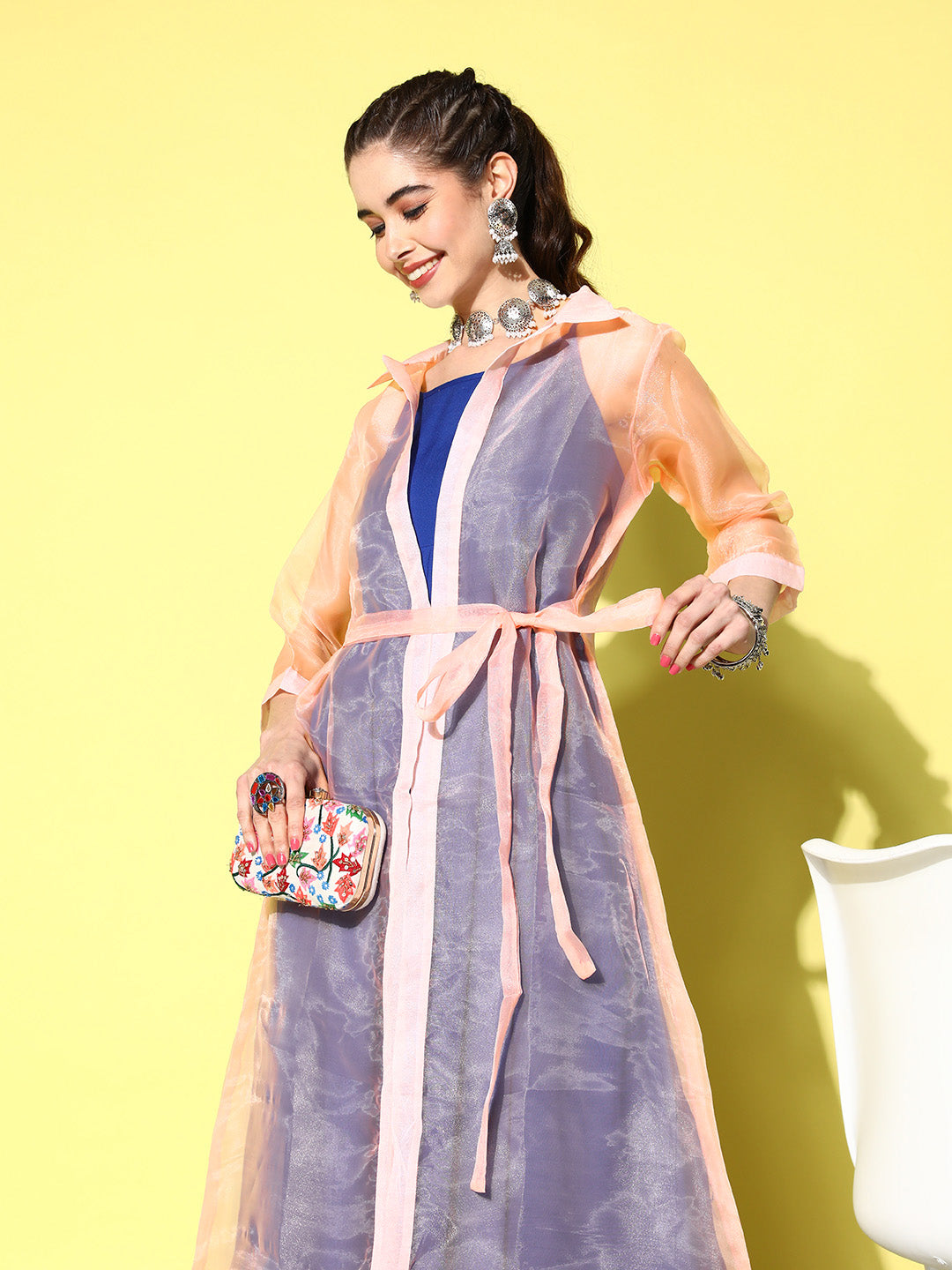 InWeave Women's Ink Blue Strappy Kurta Set With Peach Organza Cape