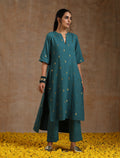 trueBrowns Deep Sea Gold Cotton Relaxed High-Low Kurta Set