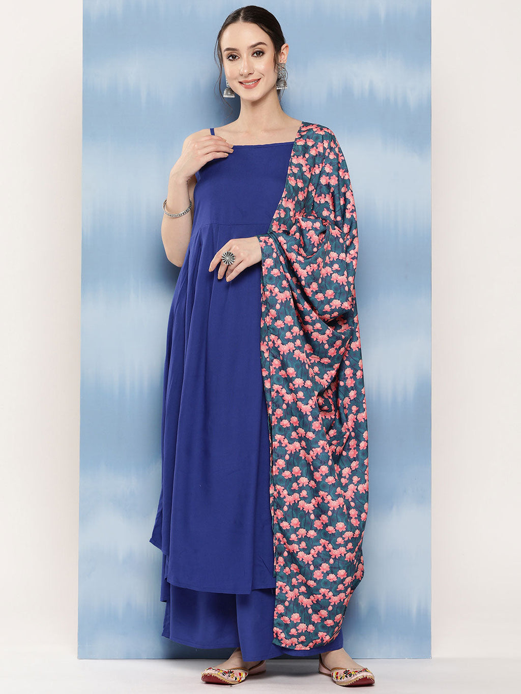 InWeave Women's Ink Blue Strappy Set With Navy Pink Lotus Cr Dupatta