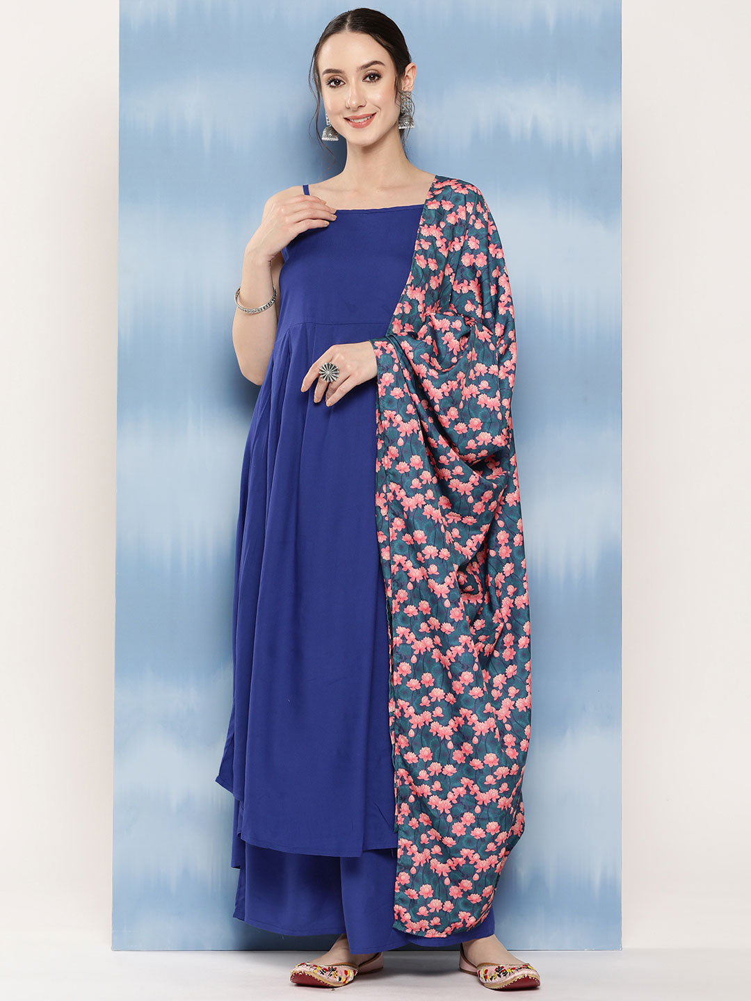 InWeave Women's Ink Blue Strappy Set With Navy Pink Lotus Cr Dupatta