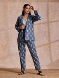 trueBrowns Grey On Grey Ikat Print Cotton Pant Suit Set