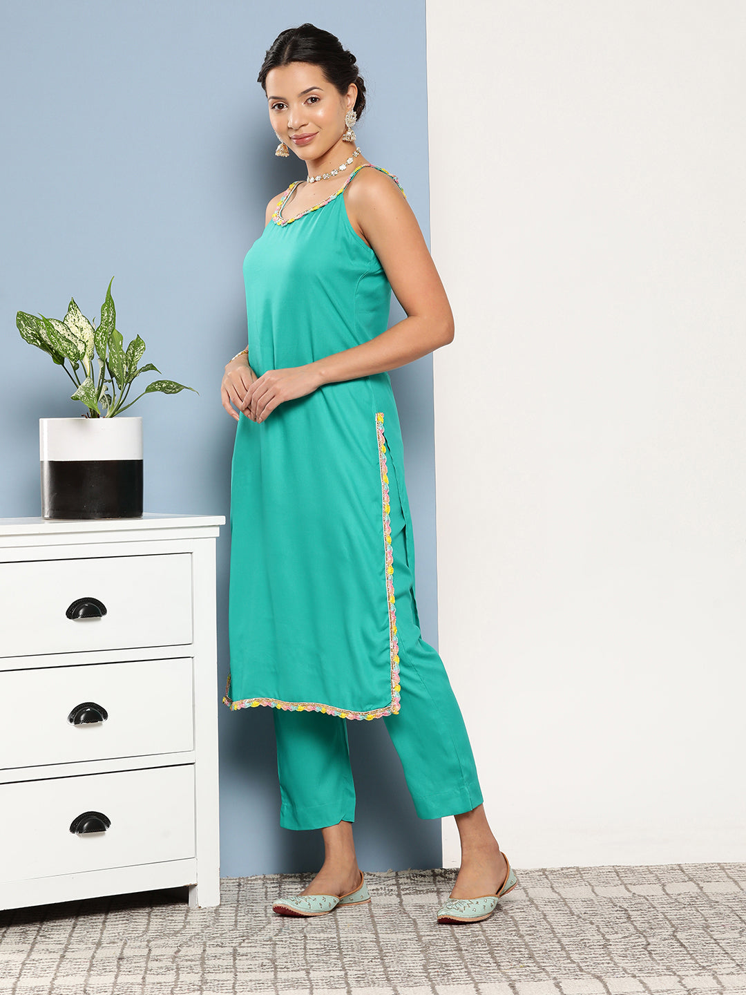 InWeave Women's Teal Lace Work Straight Strappy Kurta Set With Lime Green Chiffon Dupatta