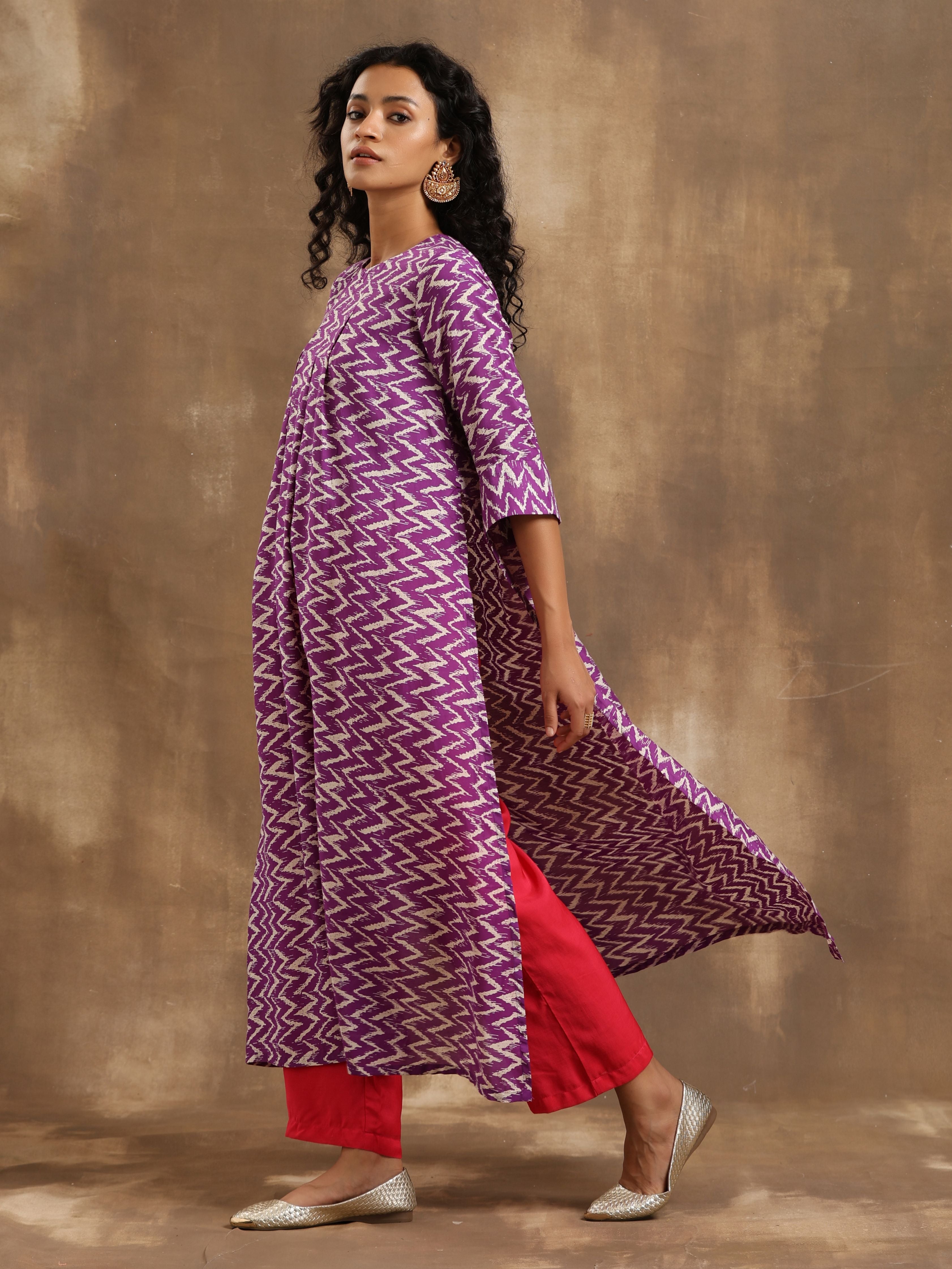 trueBrowns Purple Zig-Zag Printed Silk Kurta Pant Set