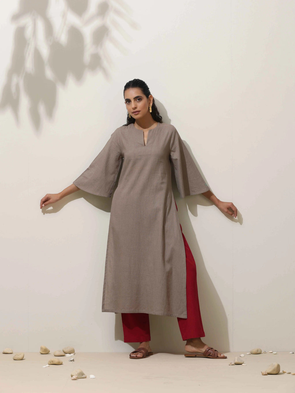 trueBrowns Grey Cotton Linen Kurta Pant Set