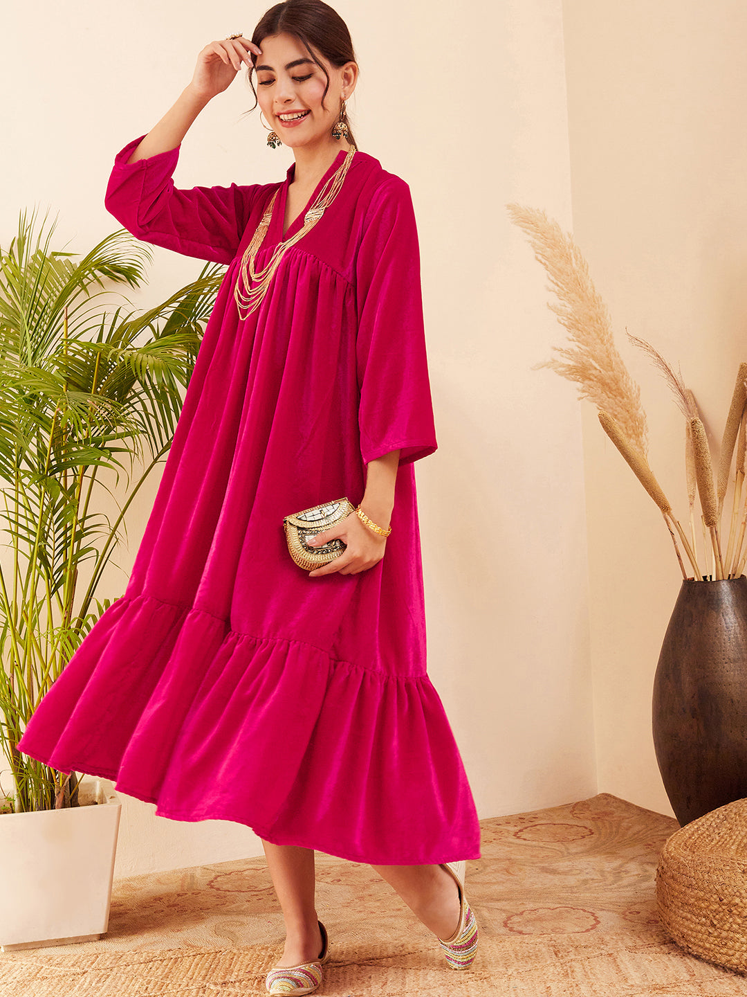 InWeave Women's Fuchsia Velvet Manderia V Neck Flared Dress