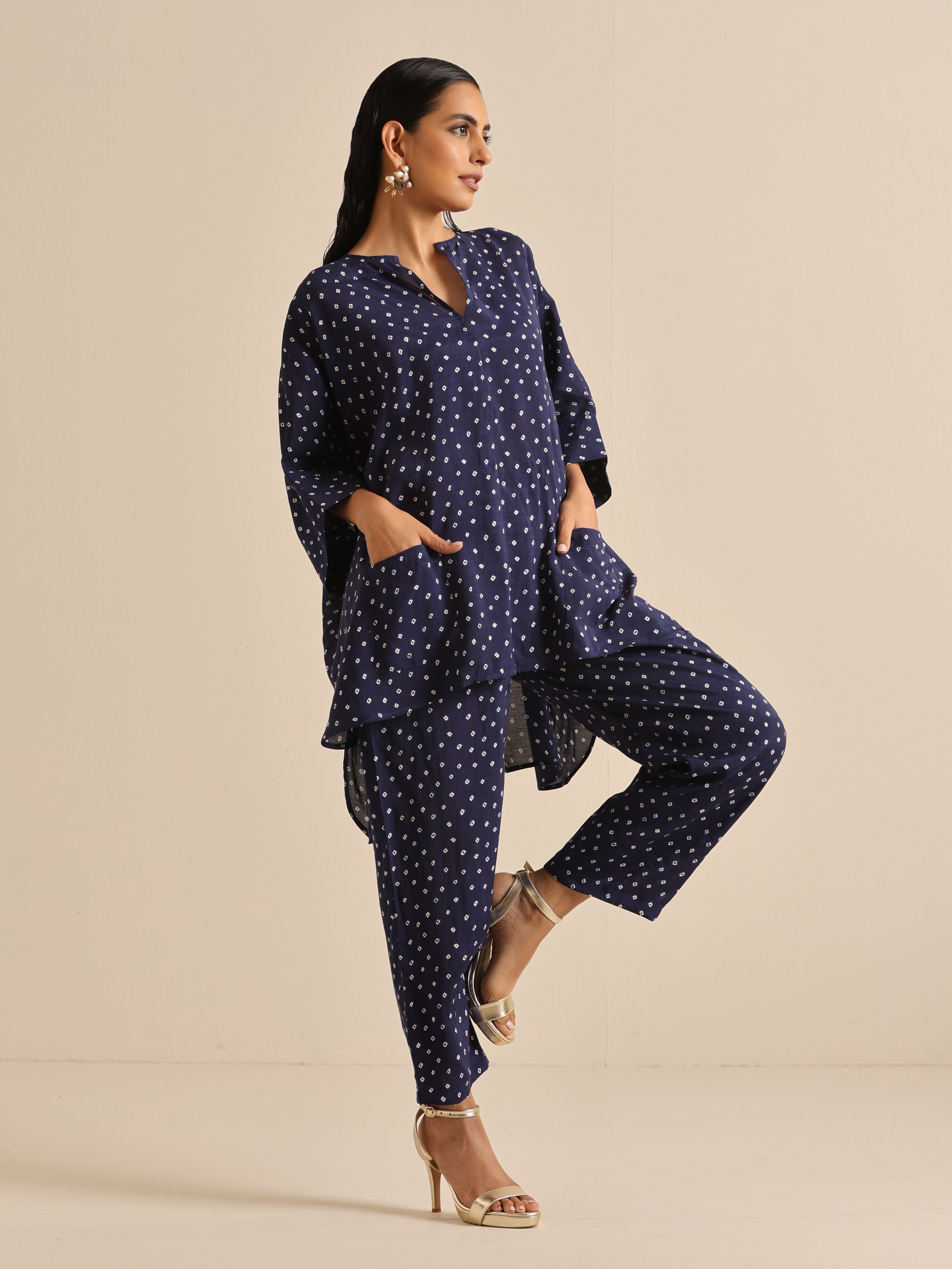 trueBrowns Blue Bandhani Silk Printed Boxy Fit Co-Ord Set