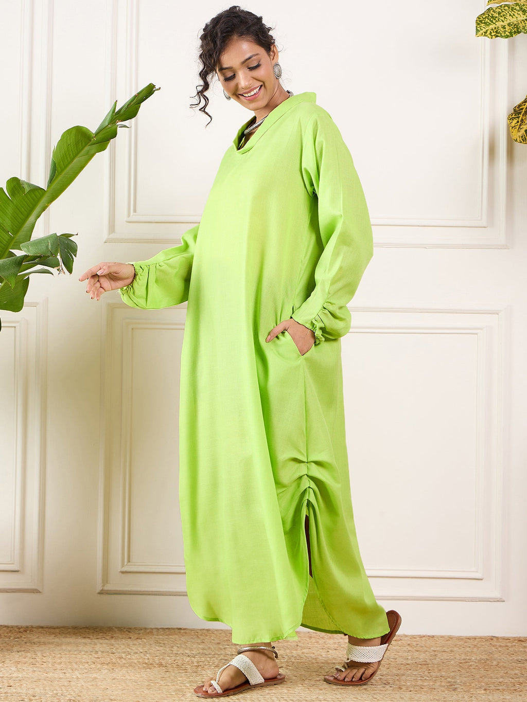 InWeave Neon Green Shawl Neck Long Side Pleat Dress