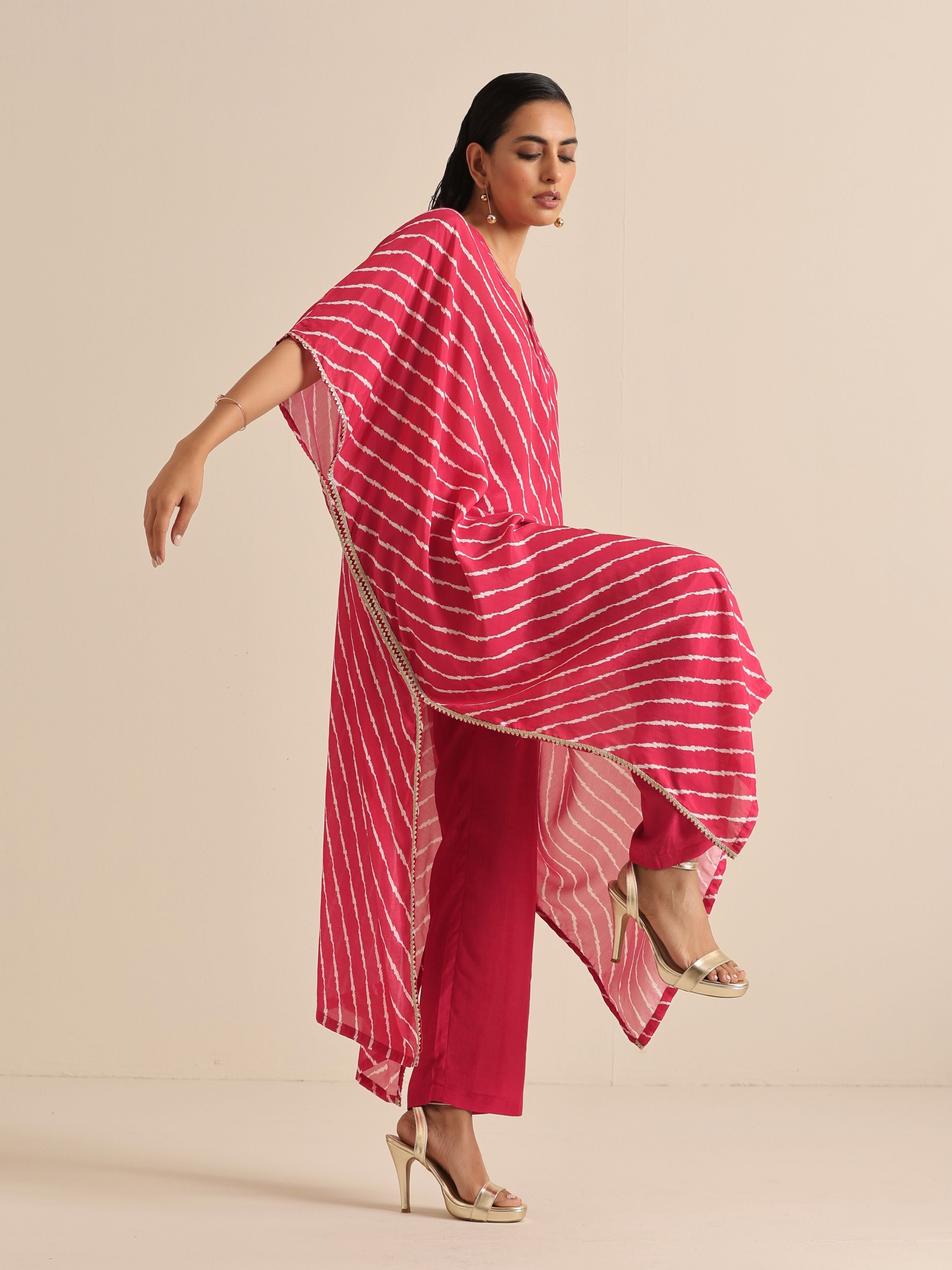 trueBrowns Pink Lehariya Printed Silk Kaftan Pant Set