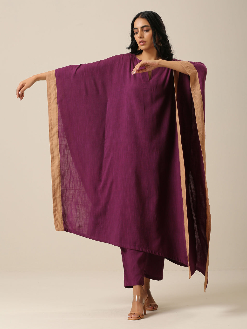 trueBrowns Plum Purple Slub Texture High Low Kaftan Pant Set