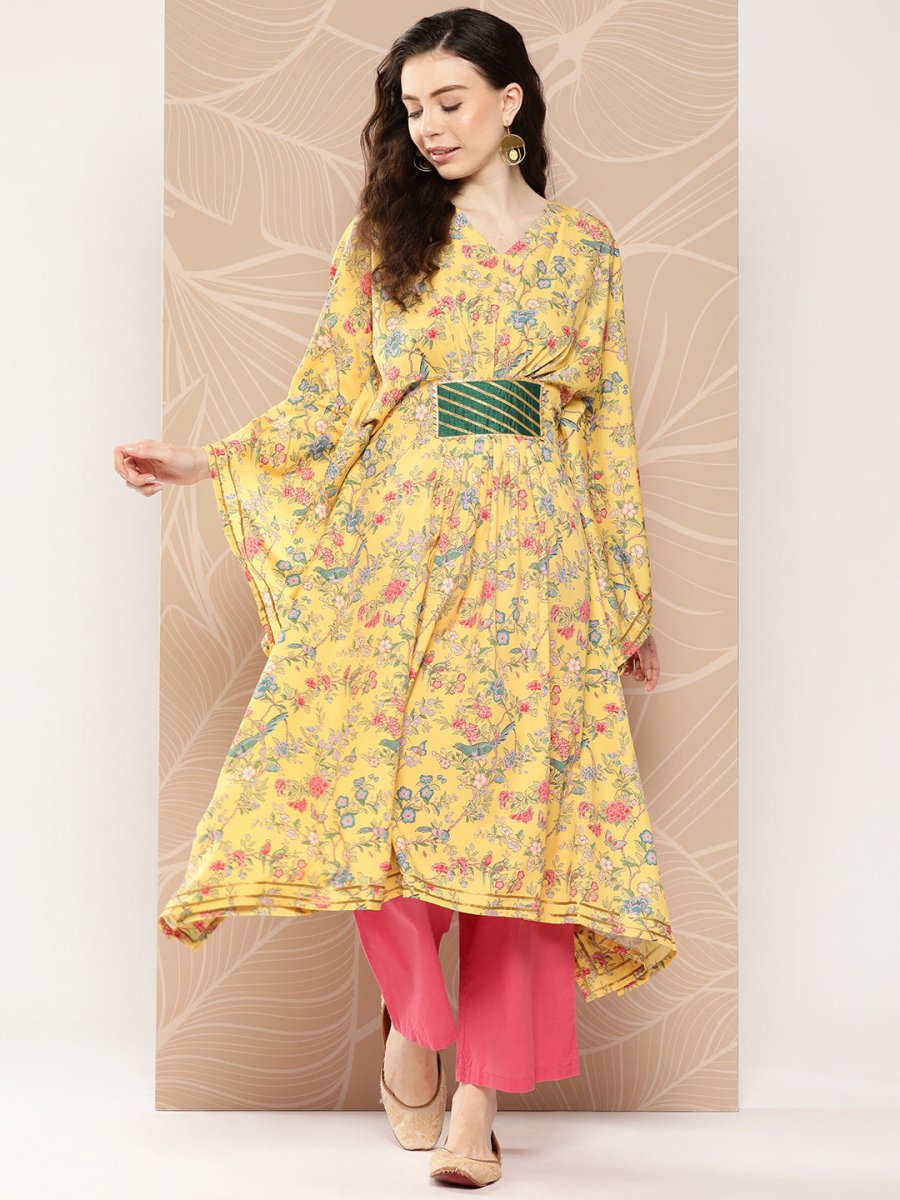 Ahalyaa Women Floral Printed Flared Sleeves Gotta Patti Floral Crepe Kaftan Kurta