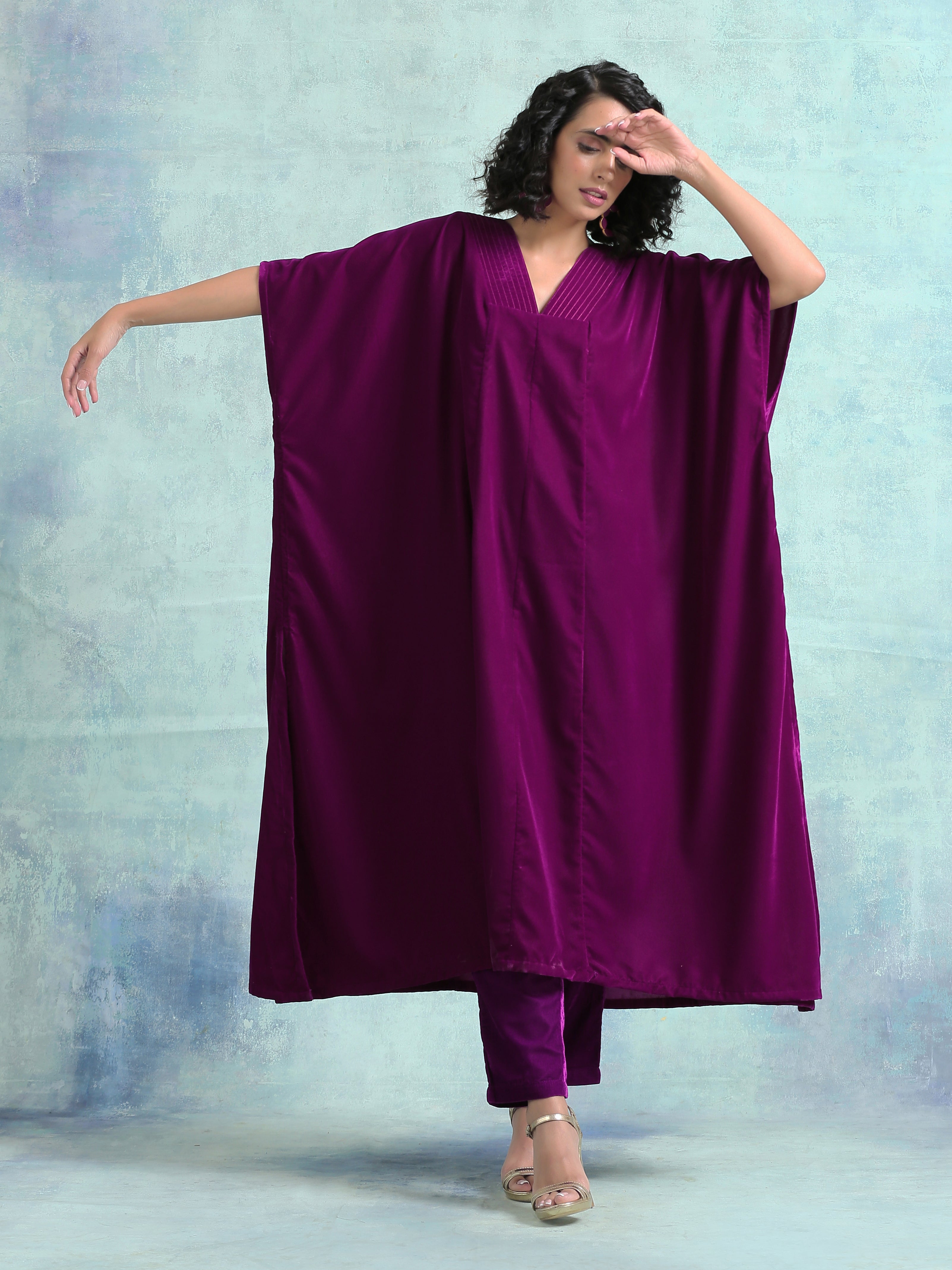trueBrowns Wine Velvet Kaftan Kurta