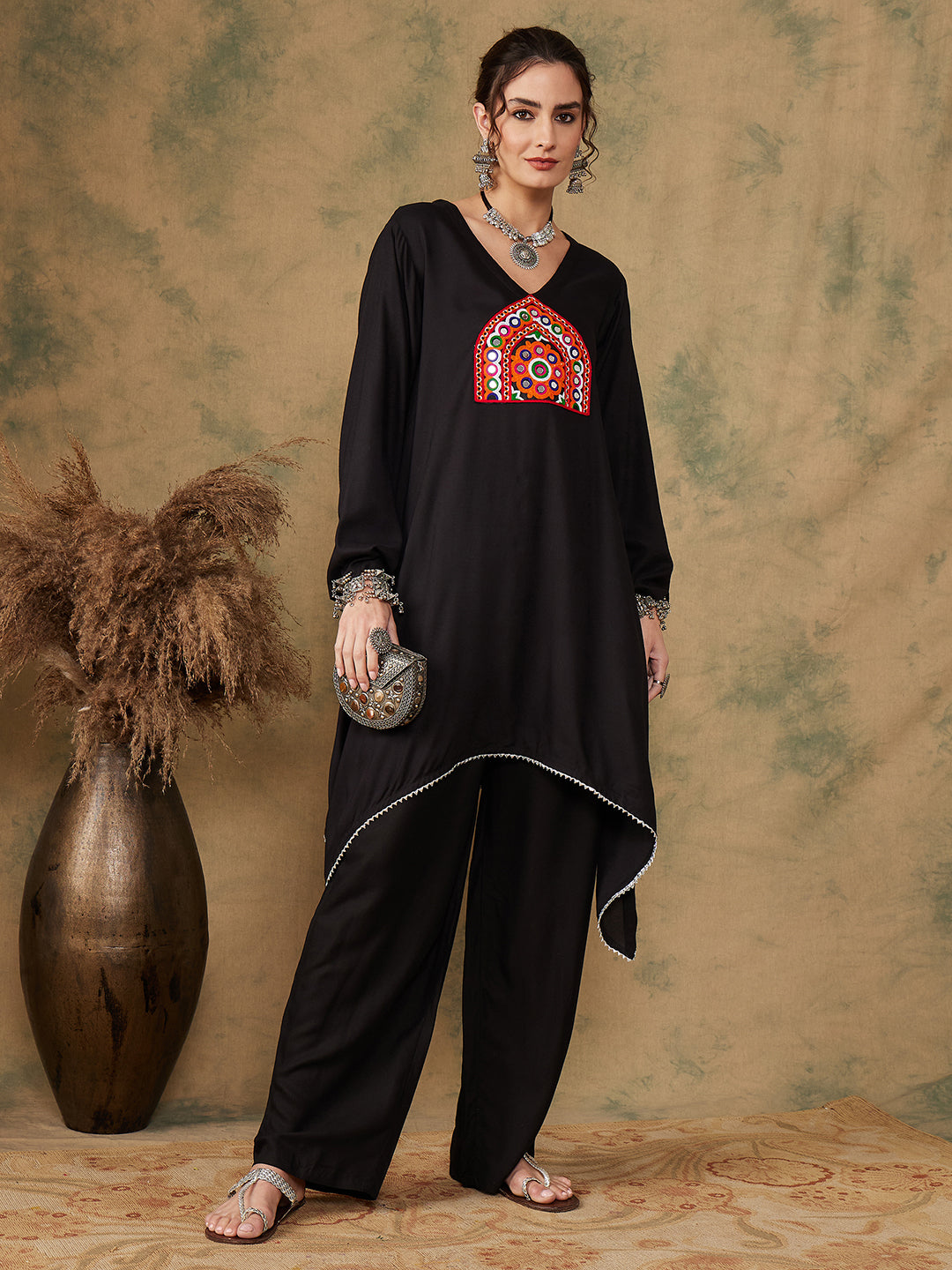 InWeave Women's Black Trangle Maroon Patch Work Assymentrical Kurta Set