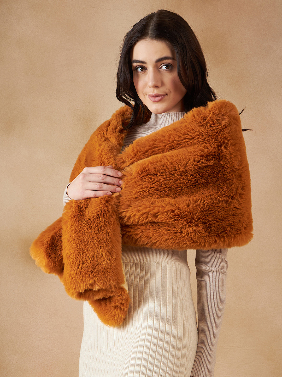 InWeave Women's Carrot Orange Long Faux Fur Cape