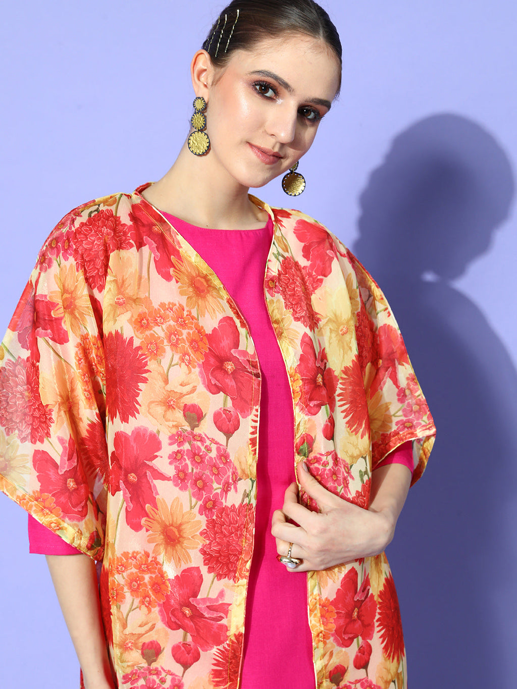 InWeave Women's Red Mustard Chintz Long Organza Cape