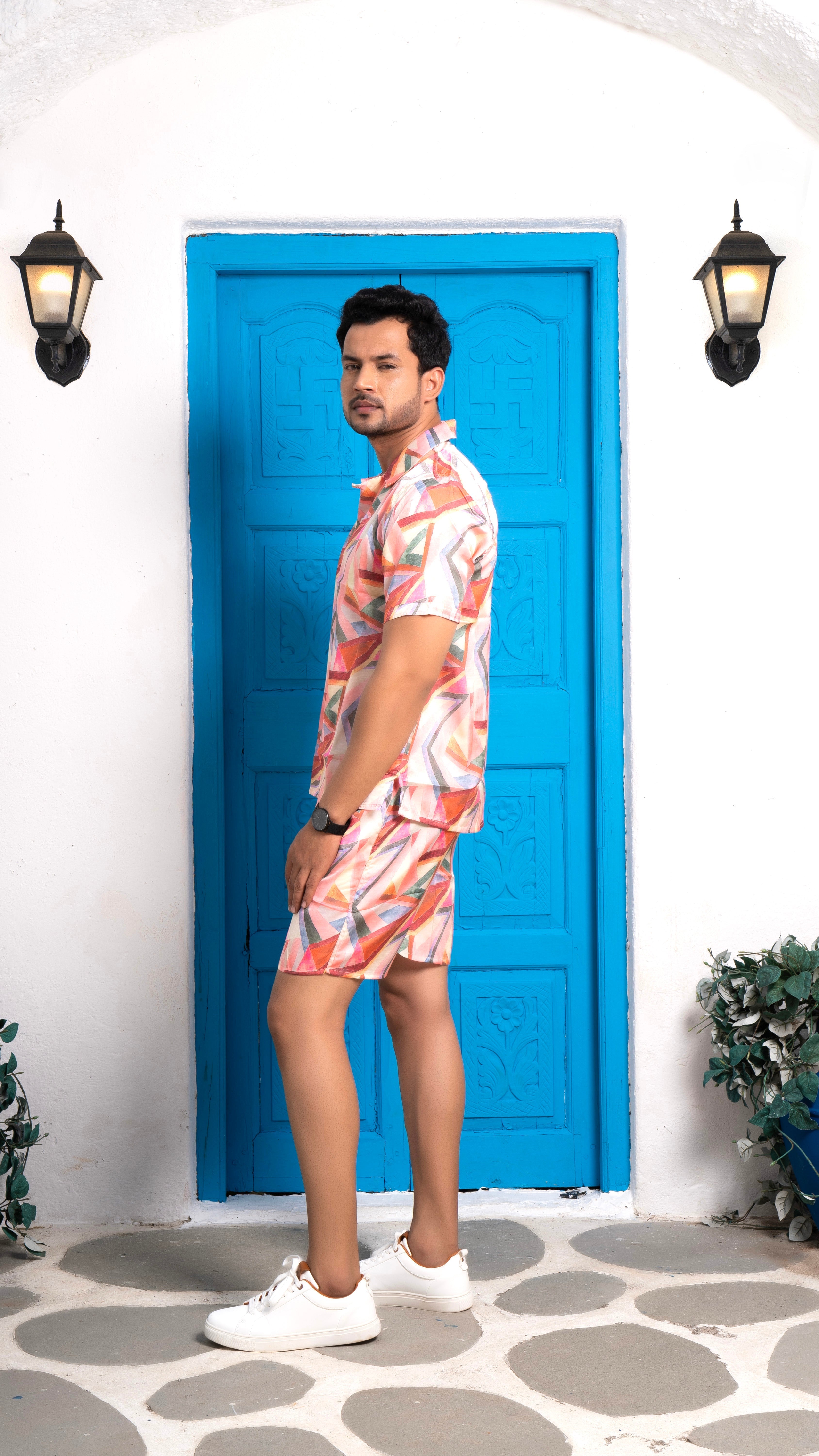 Noroke Sustainable fabric | Linen Satin Linen Geometric Co-ord Set Men