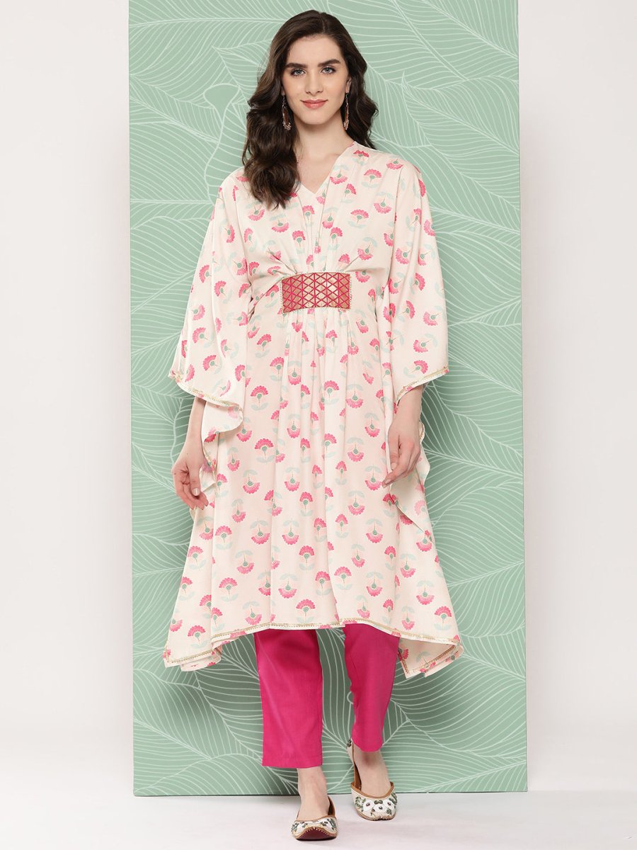Ahalyaa Women Floral Printed Flared Sleeves Gotta Patti Crepe Kaftan Kurta