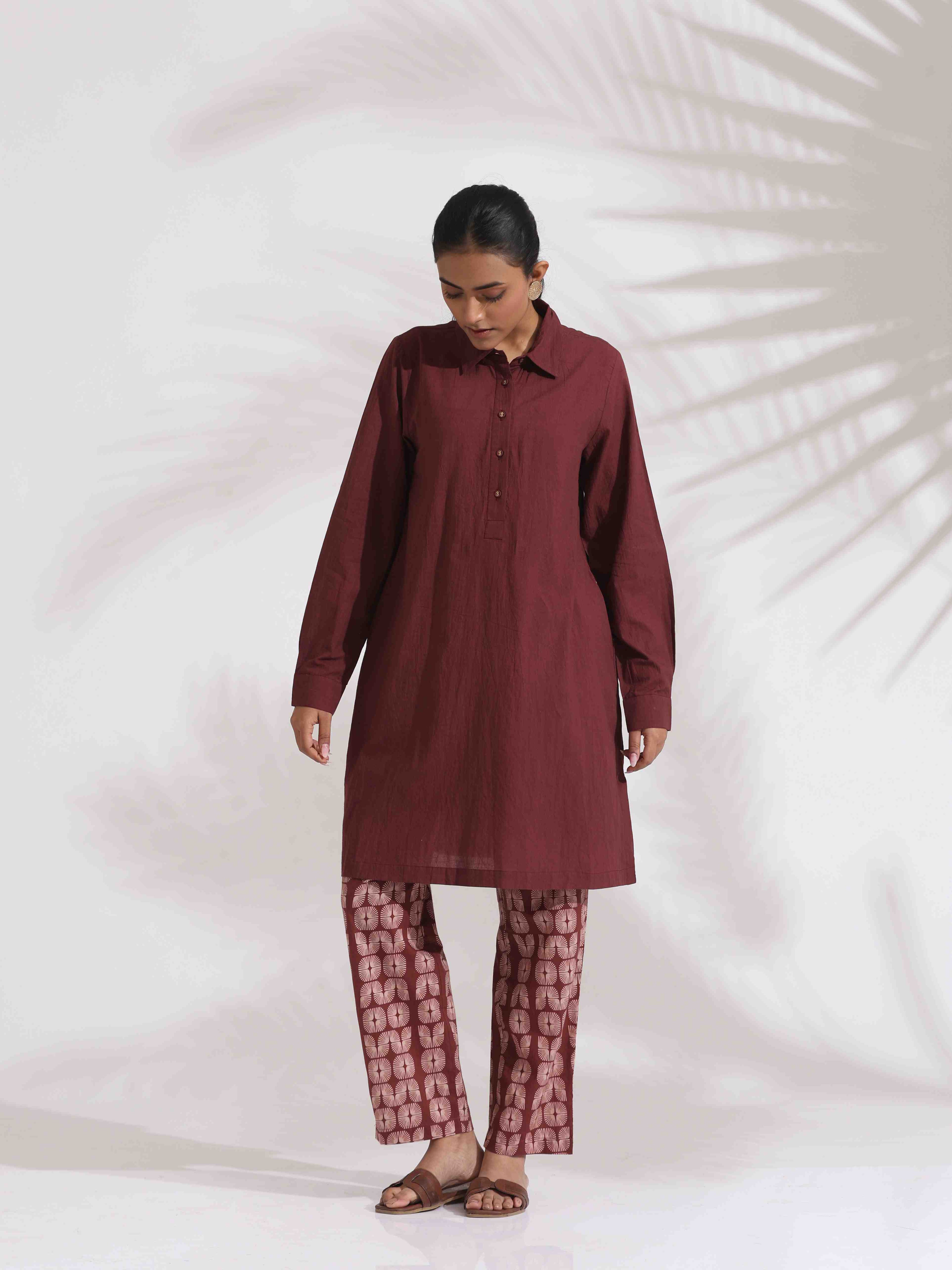 trueBrowns Brown Cotton Solid Kurta Co-ord Set