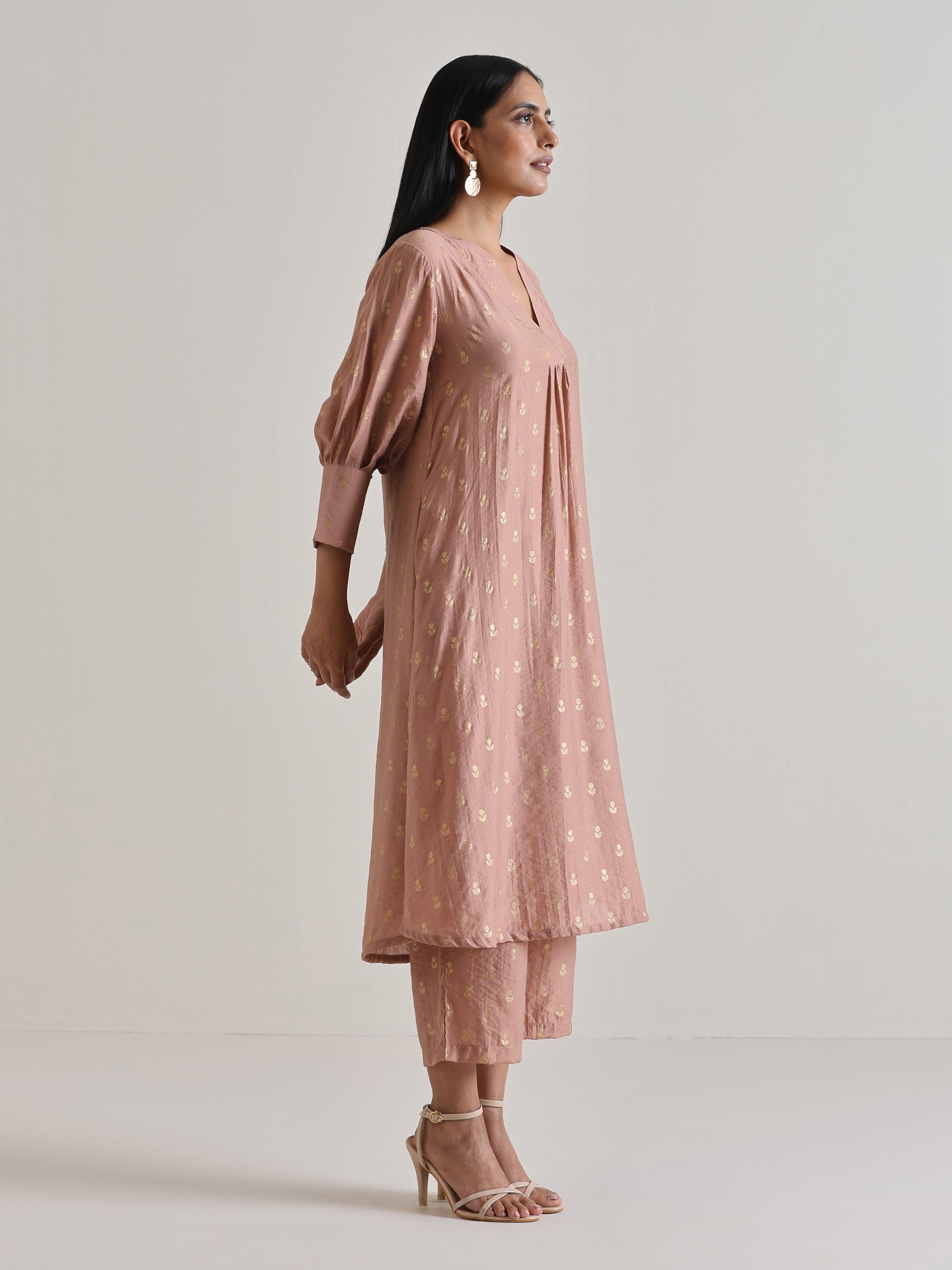 trueBrowns Beige Foil Puff Sleeve Kurta Set