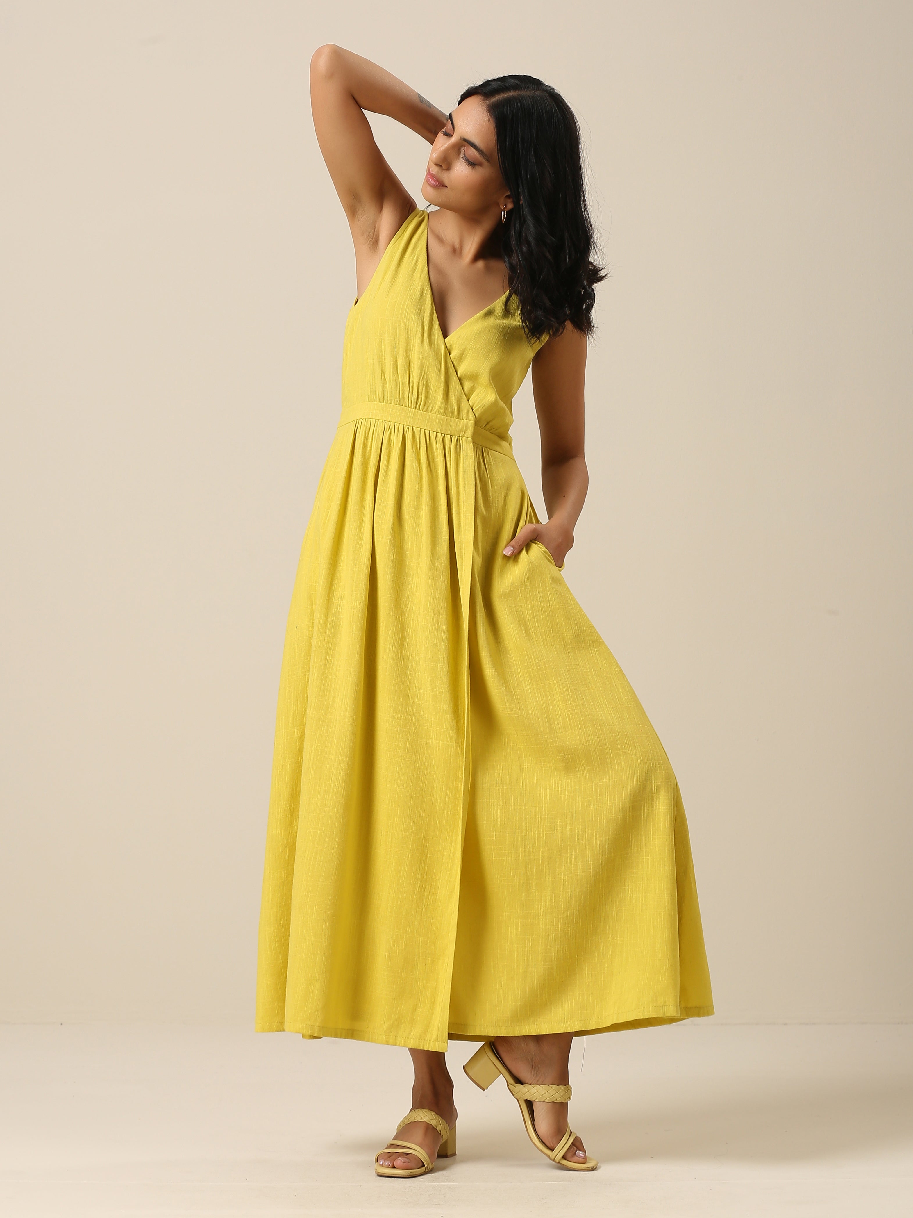 trueBrowns Lime Slub Texture Sleeveless Wrap Dress