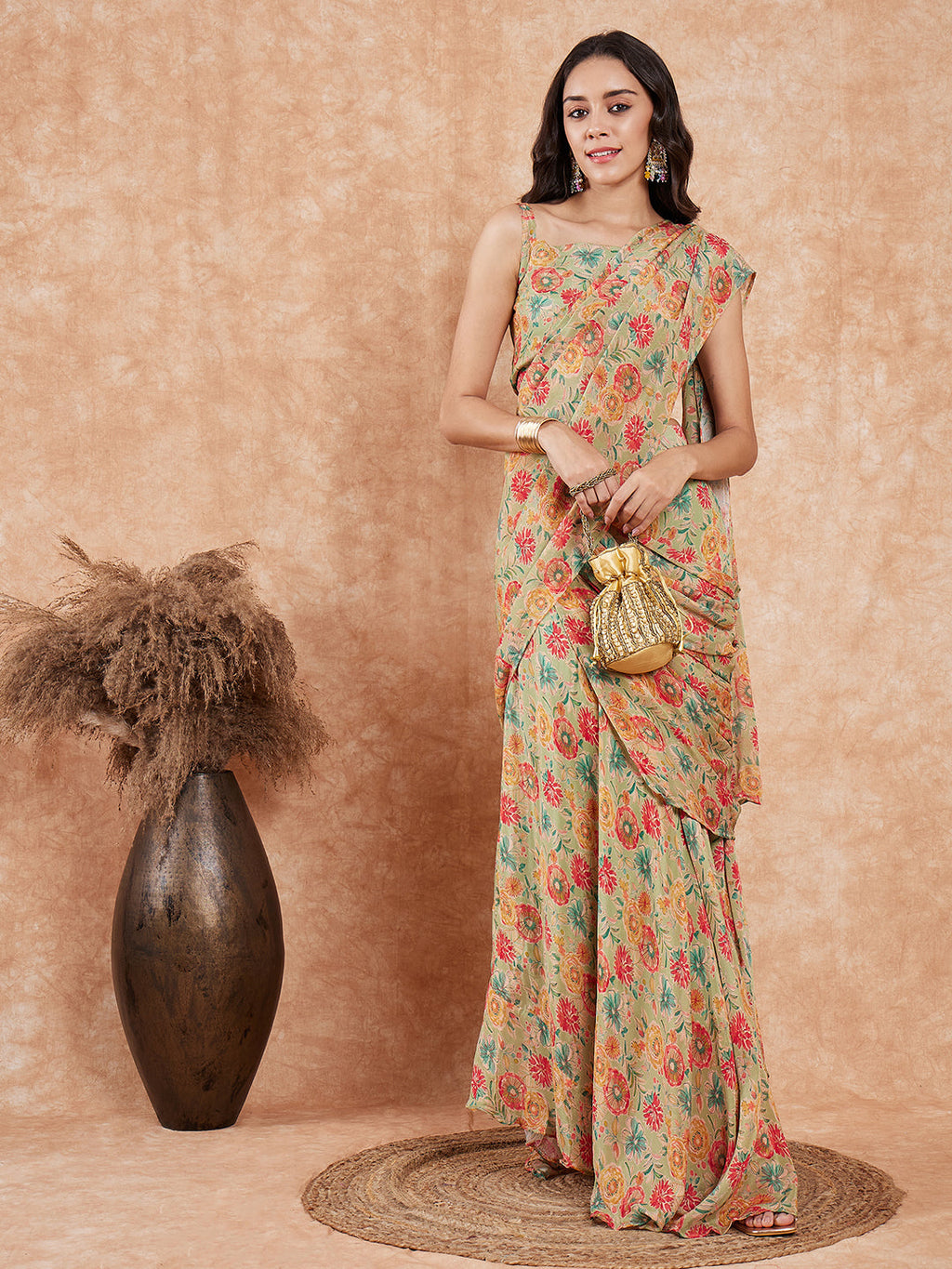 InWeave Women's Pear Green Red Floral Skirt Saree