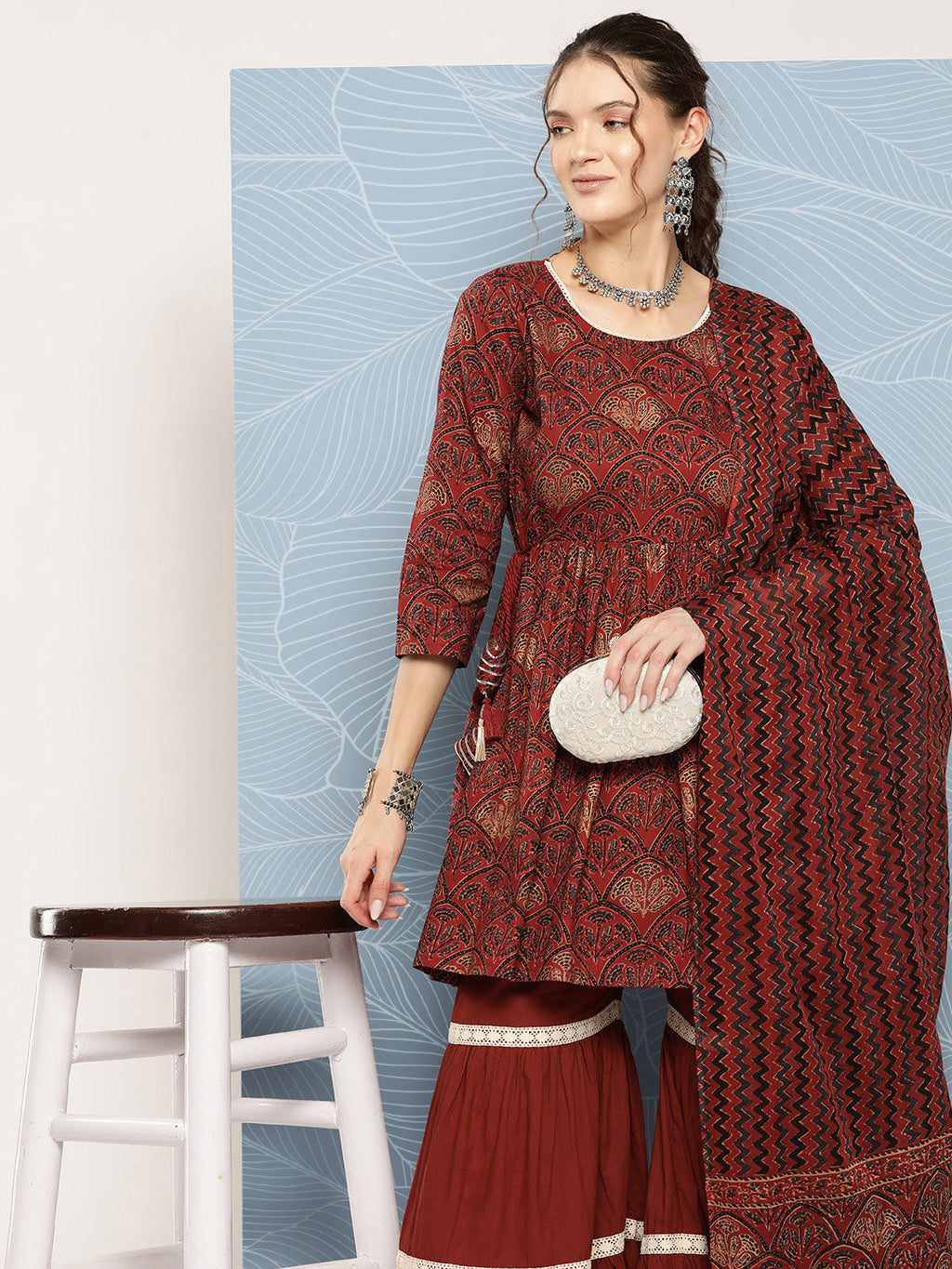 InWeave Women's Brick Rust Ajrakh Sharara Set With Dupatta