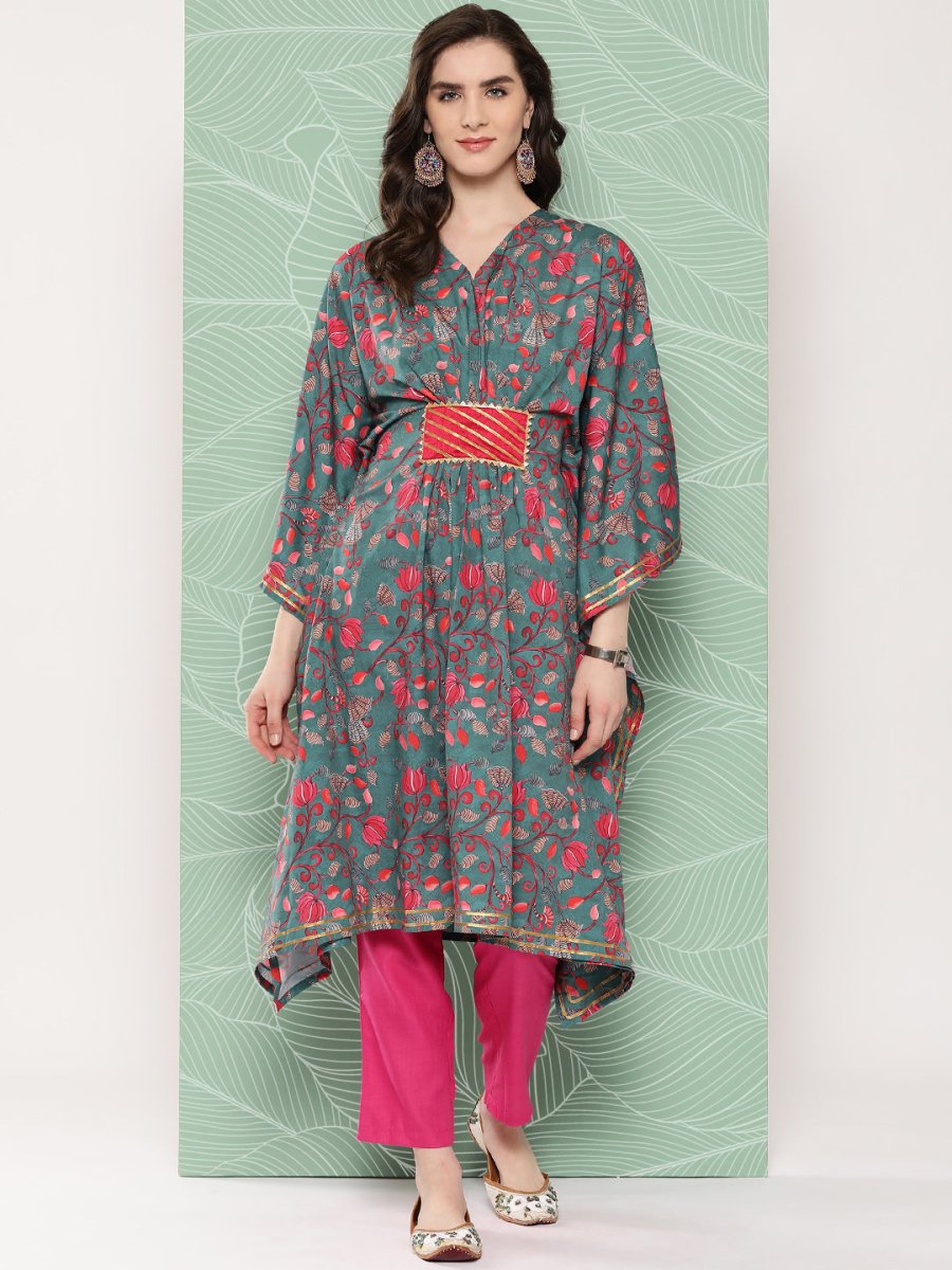 Ahalyaa Women Floral Printed Flared Sleeves Gotta Patti Crepe Kaftan Kurta