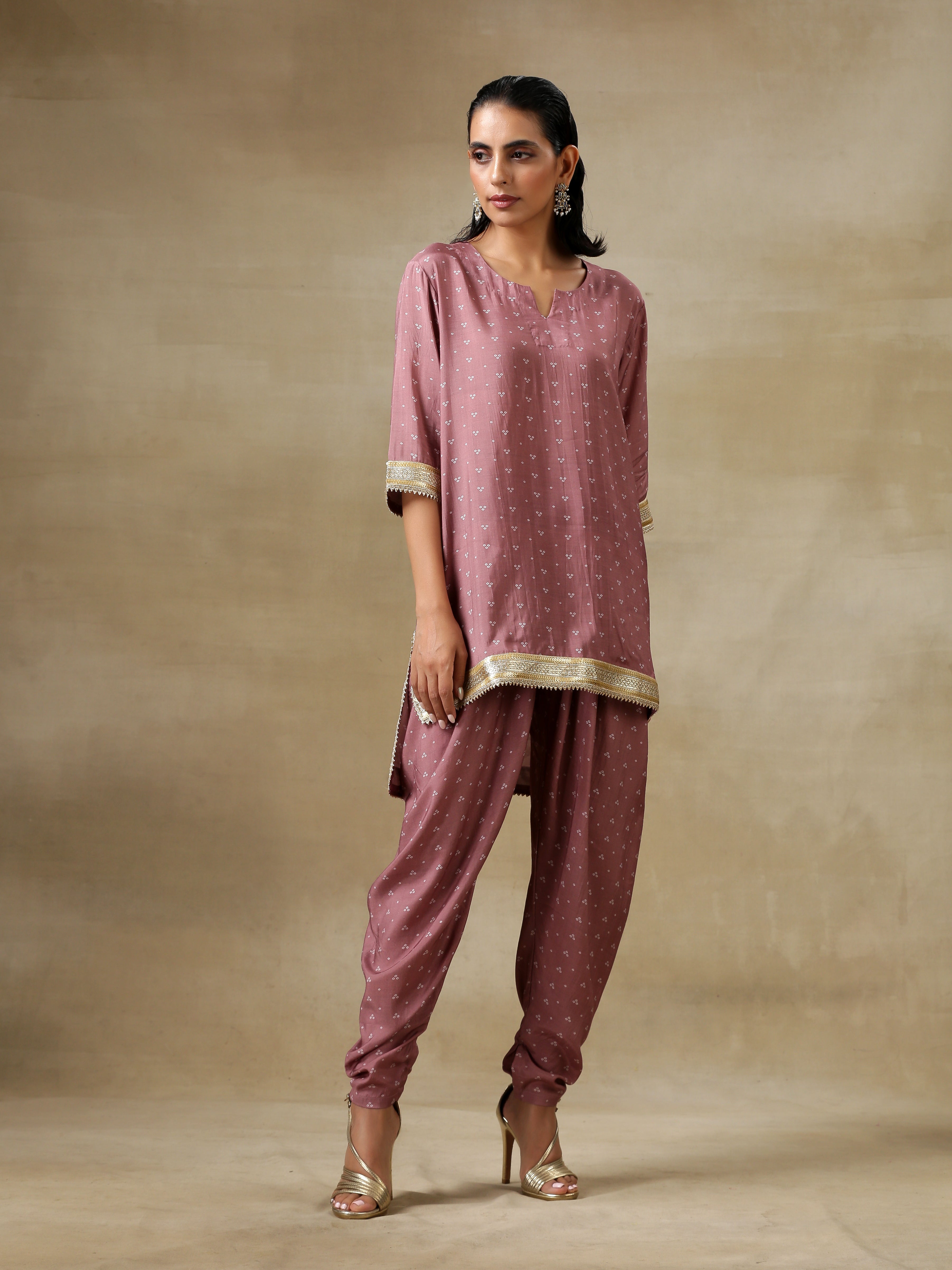 trueBrowns Dark Mauve Bandhani Printed Silk Loose Kurta Dhoti Pant Set