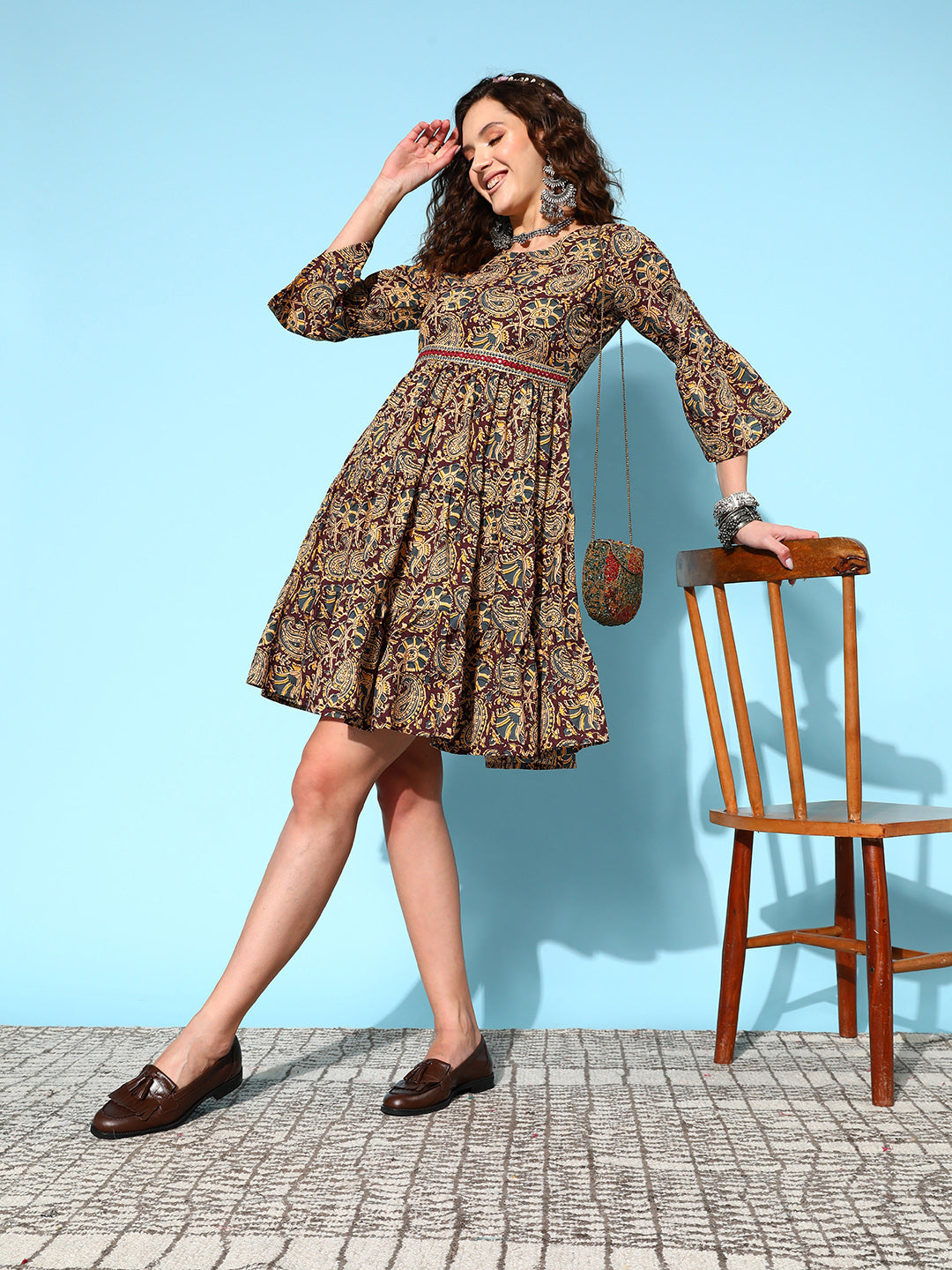 InWeave Women's Brown Kalamkari Print Short Dress