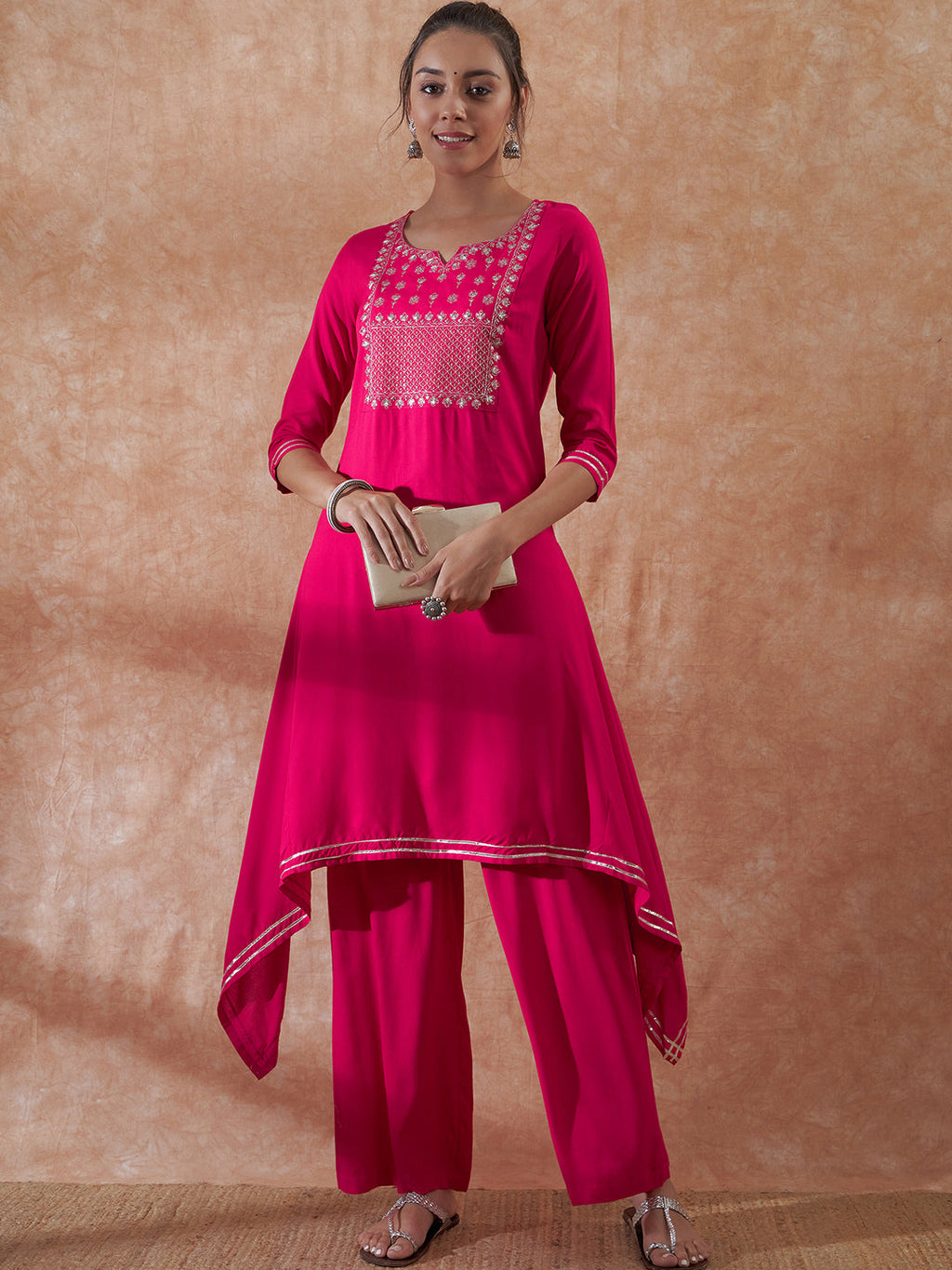 InWeave Women's Magenta Emb Assymetrical Kurta Pant Set