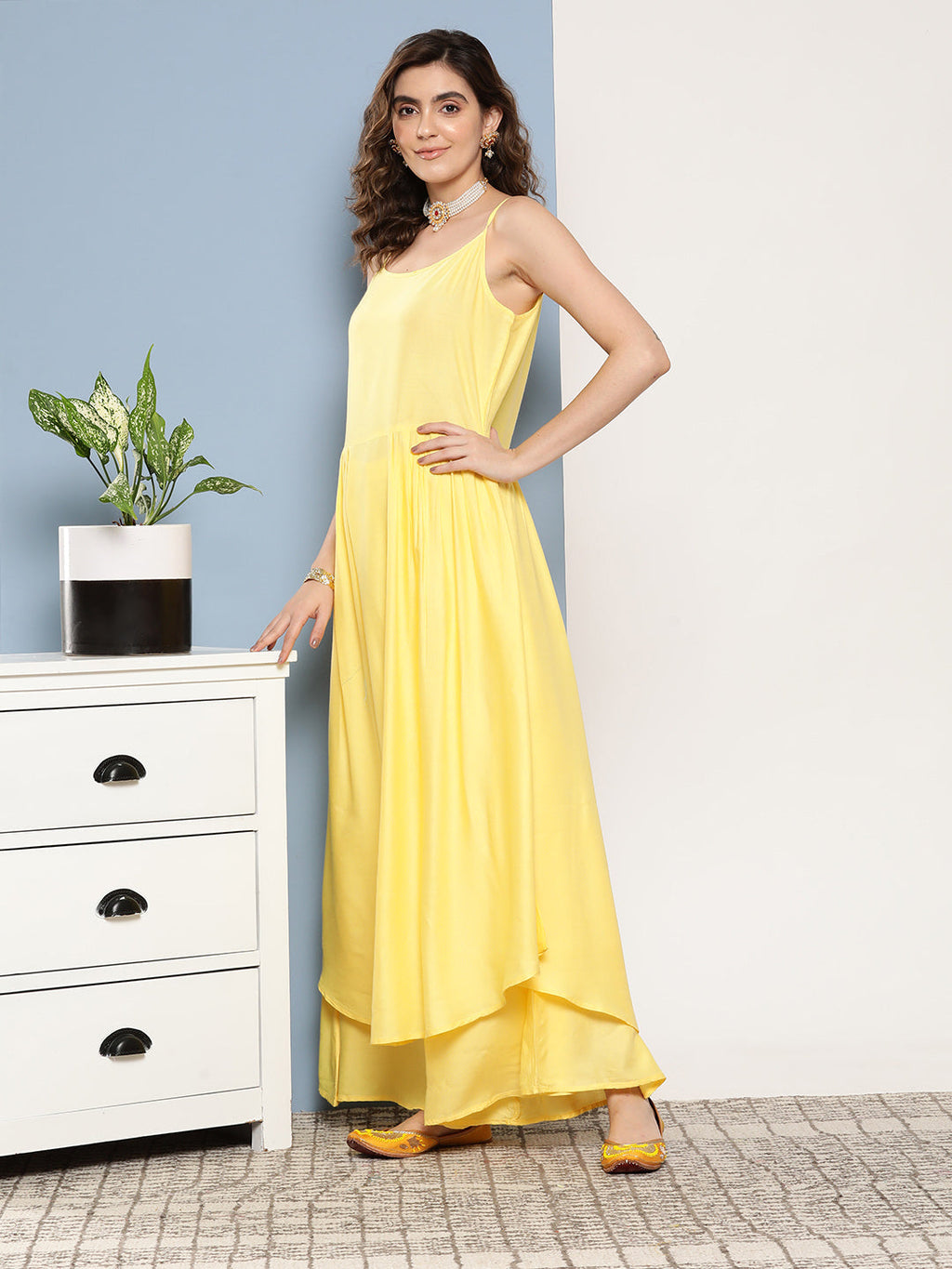 InWeave Women's Light Yellow Ray Strappy Set With Orange Floral Cotton Dupatta